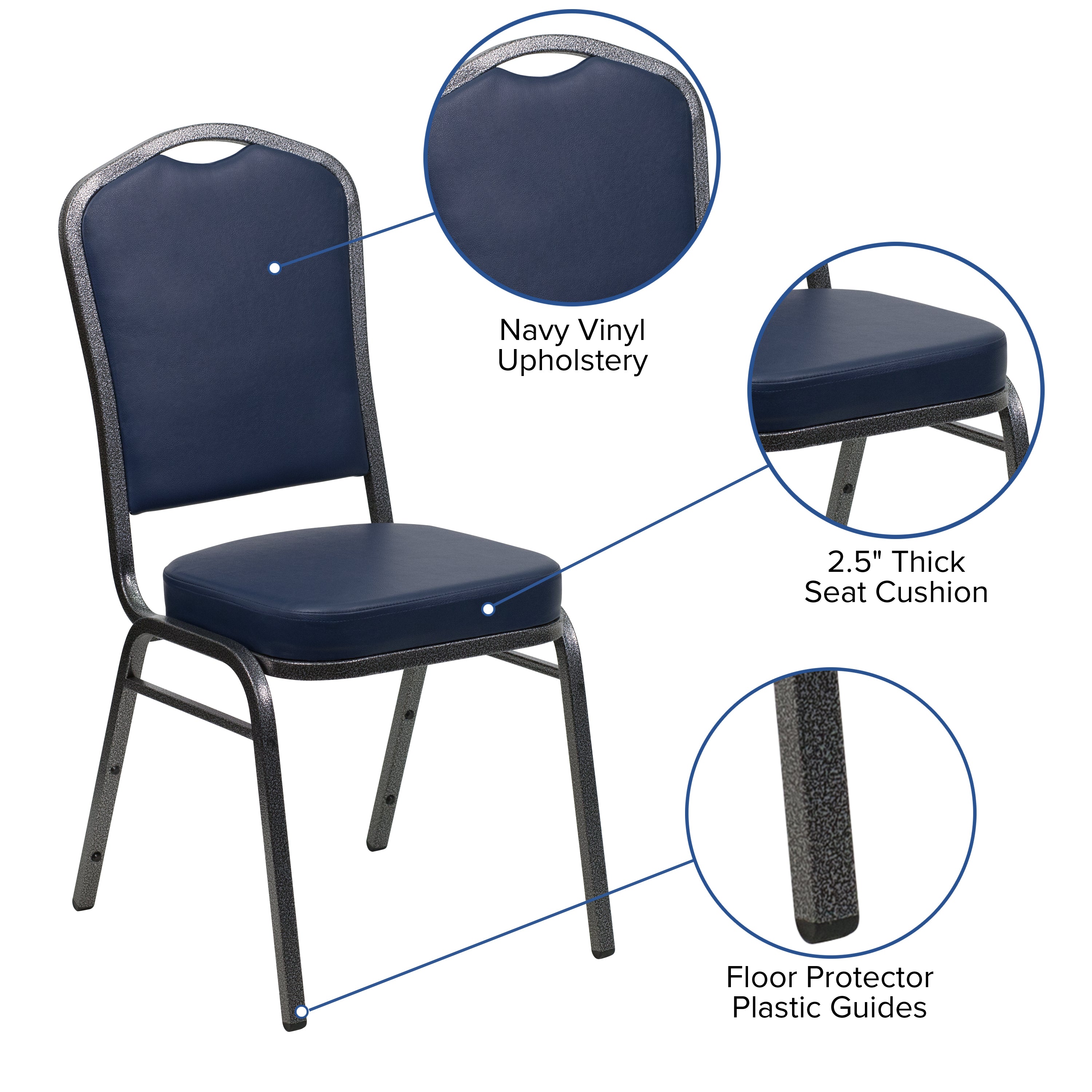 HERCULES Series Crown Back Stacking Banquet Chair in Navy Vinyl - Silver Vein Frame