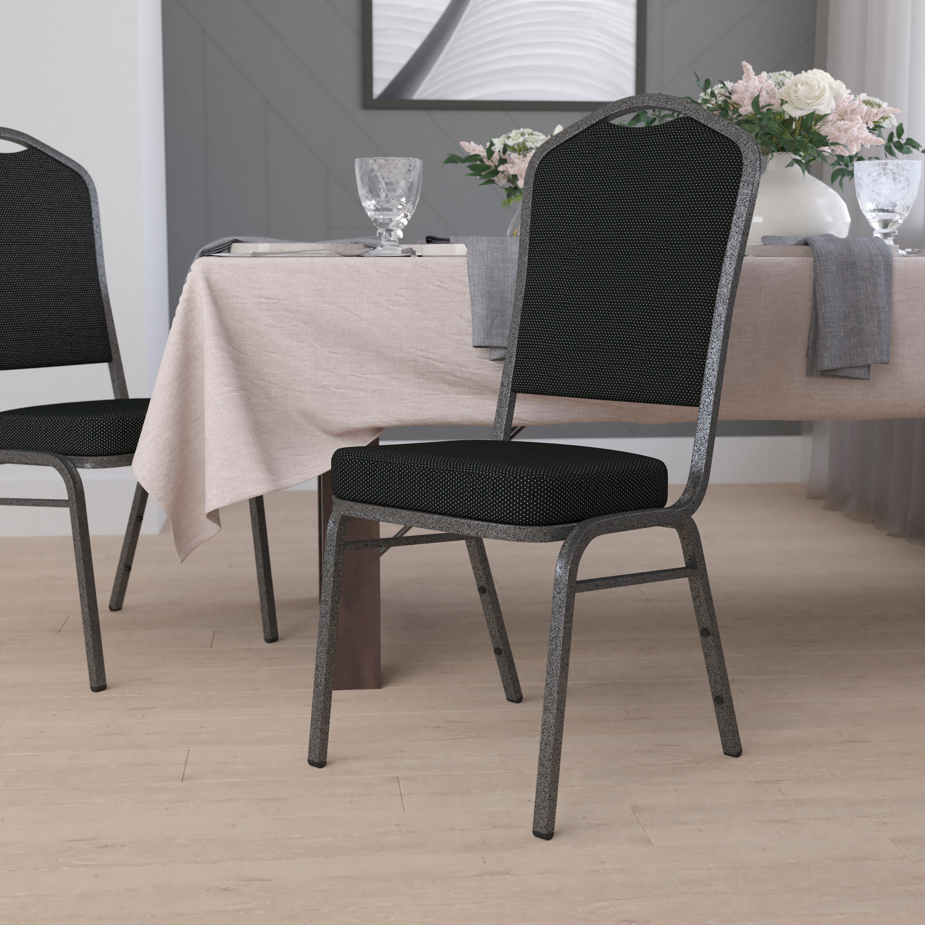 HERCULES Series Crown Back Stacking Banquet Chair in Black Dot Patterned Fabric - Silver Vein Frame