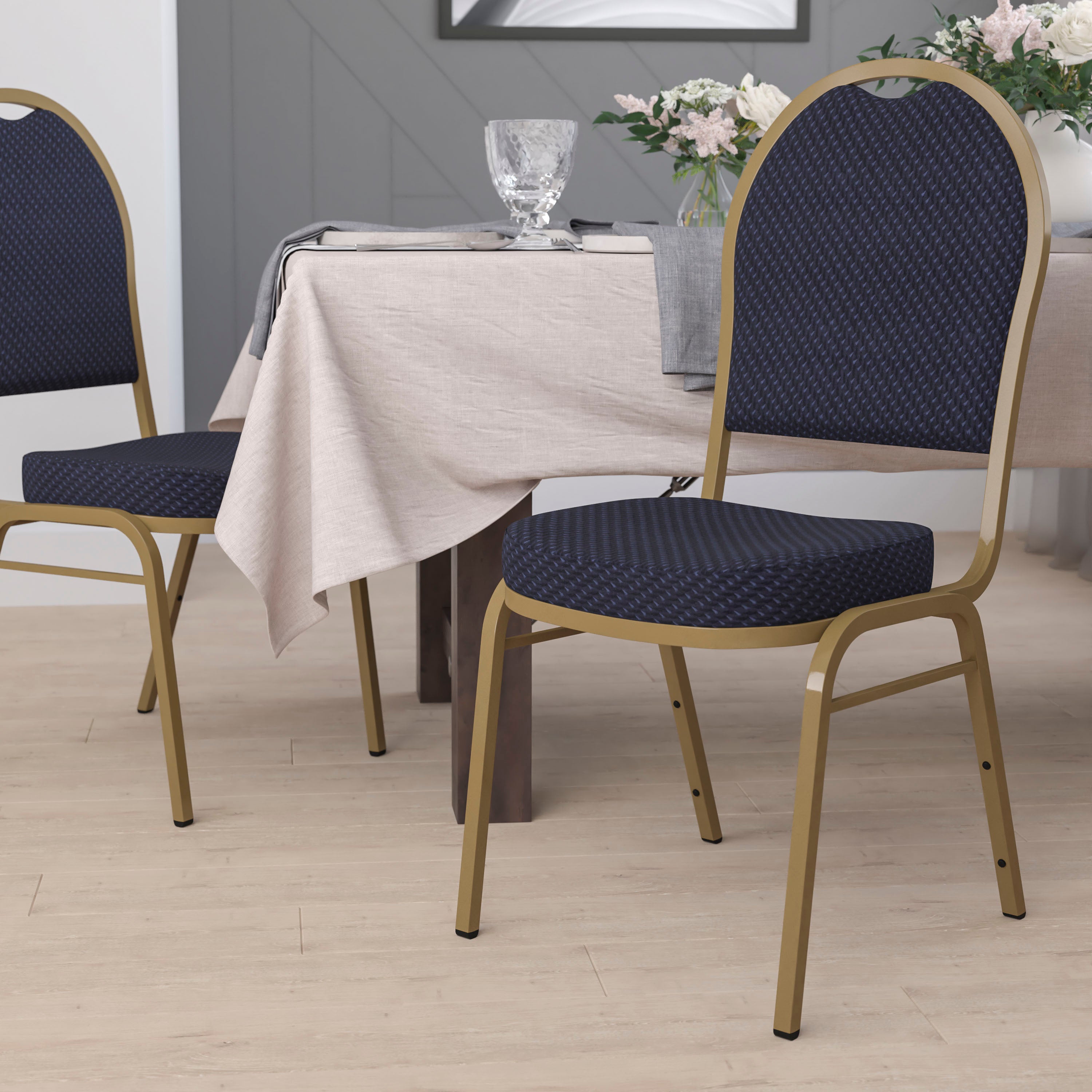 HERCULES Series Dome Back Stacking Banquet Chair in Navy Patterned Fabric - Gold Frame