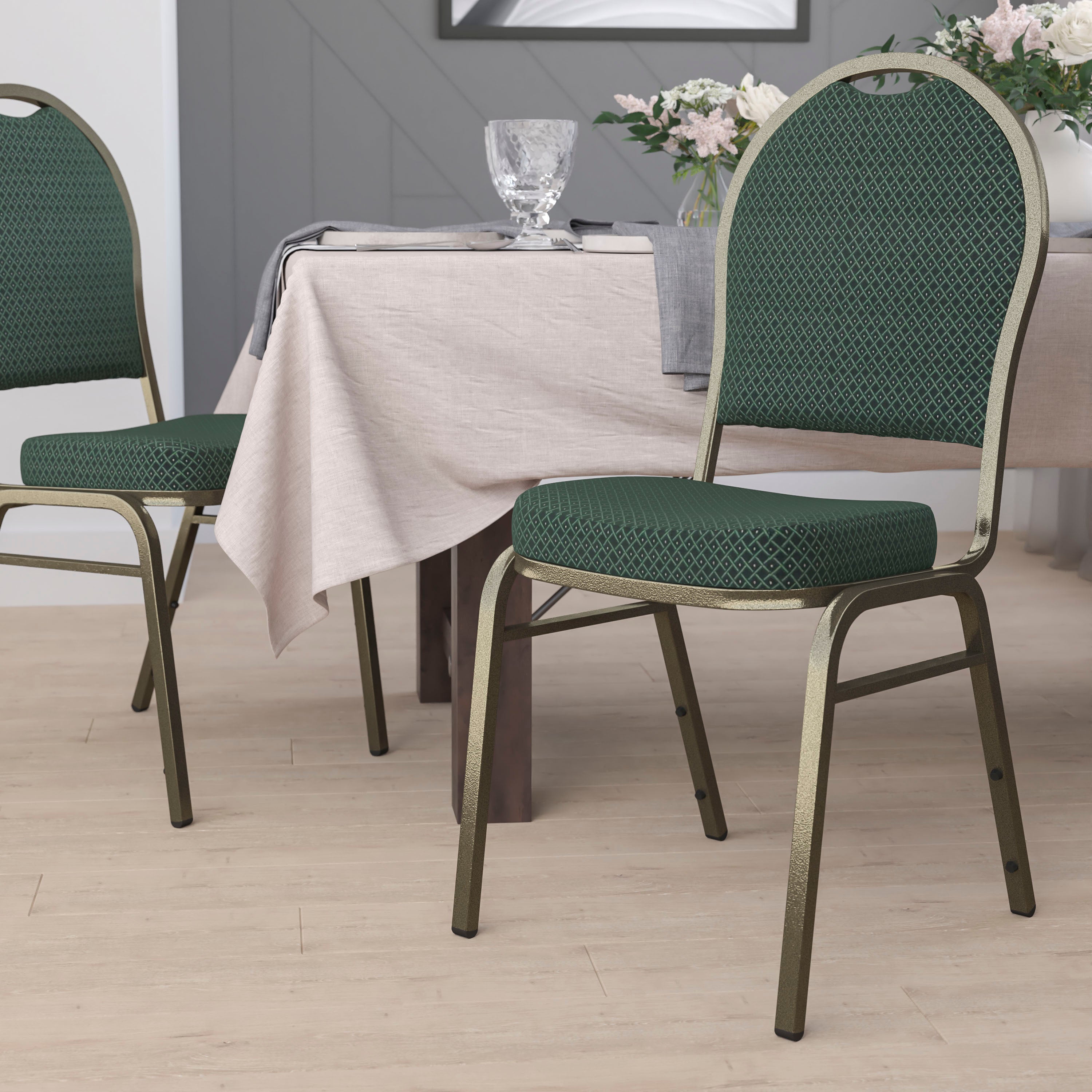 HERCULES Series Dome Back Stacking Banquet Chair in Green Patterned Fabric - Gold Vein Frame