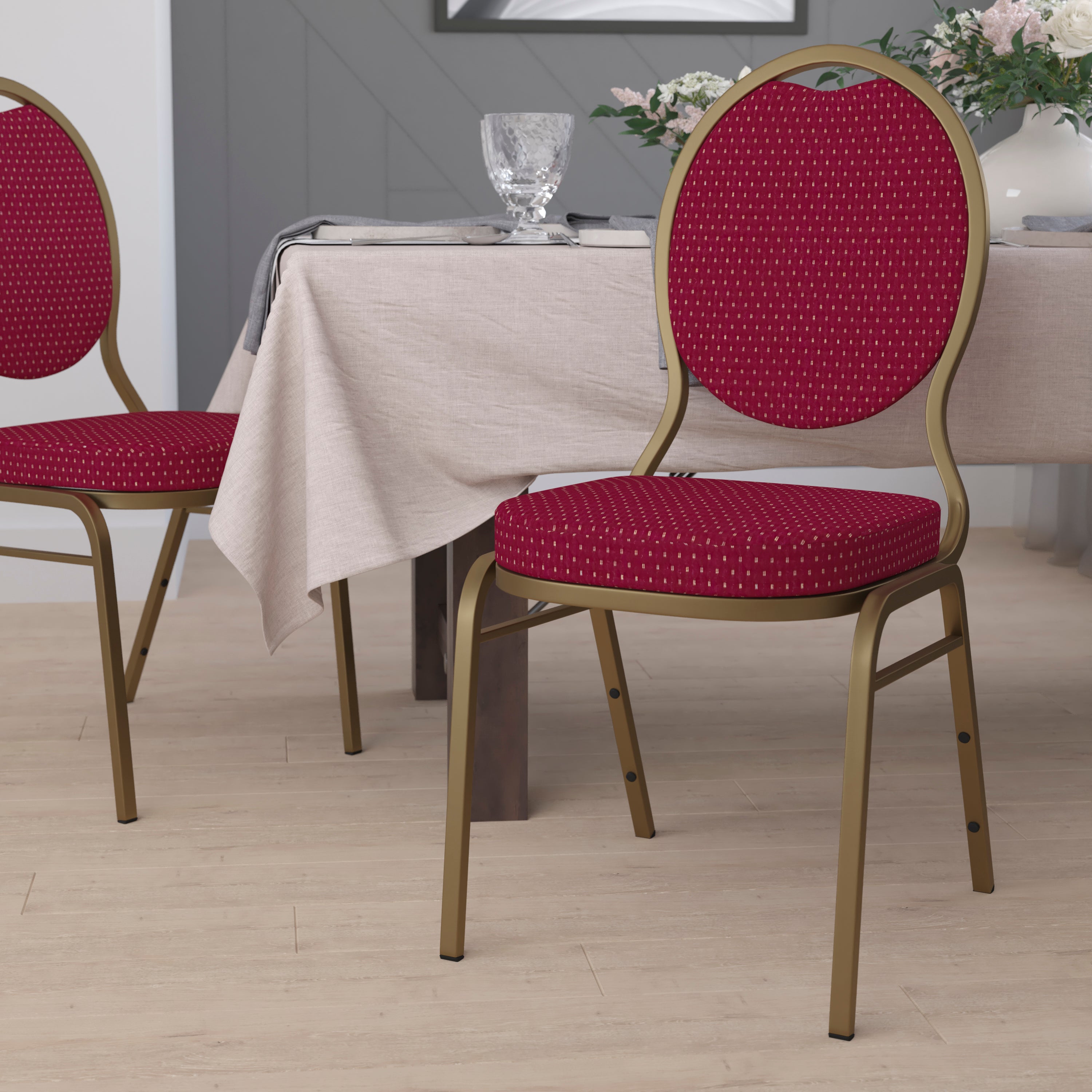 HERCULES Series Teardrop Back Stacking Banquet Chair in Burgundy Patterned Fabric - Gold Frame