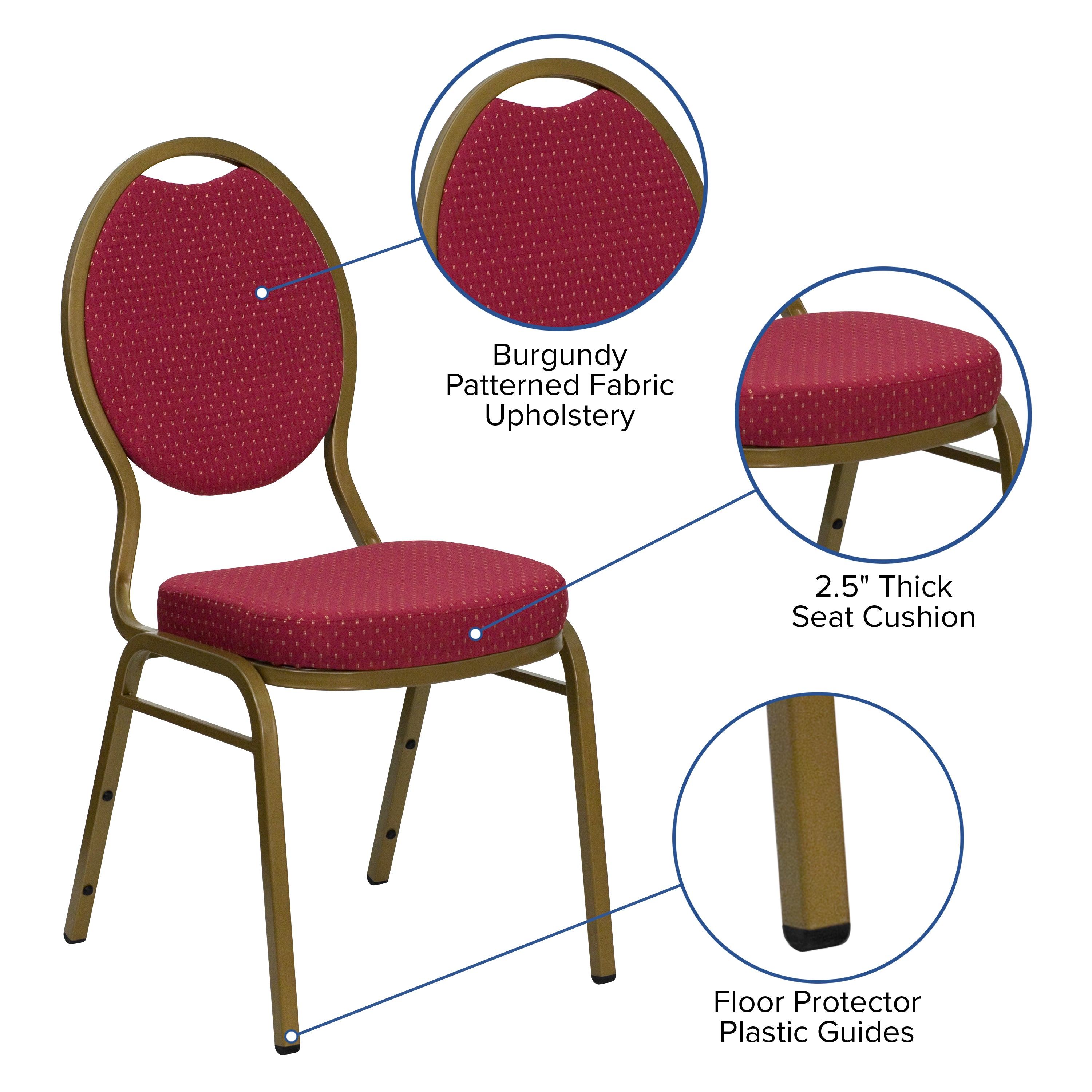 HERCULES Series Teardrop Back Stacking Banquet Chair in Burgundy Patterned Fabric - Gold Frame