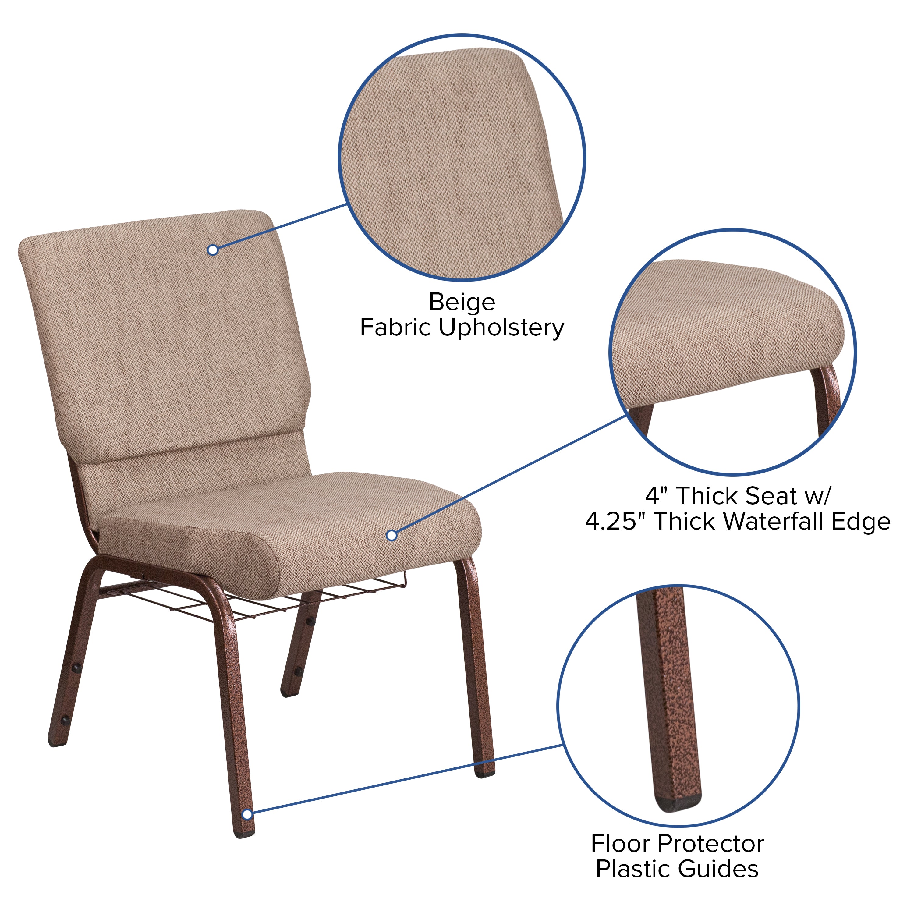 HERCULES Series 18.5''W Church Chair in Beige Fabric with Book Rack - Copper Vein Frame