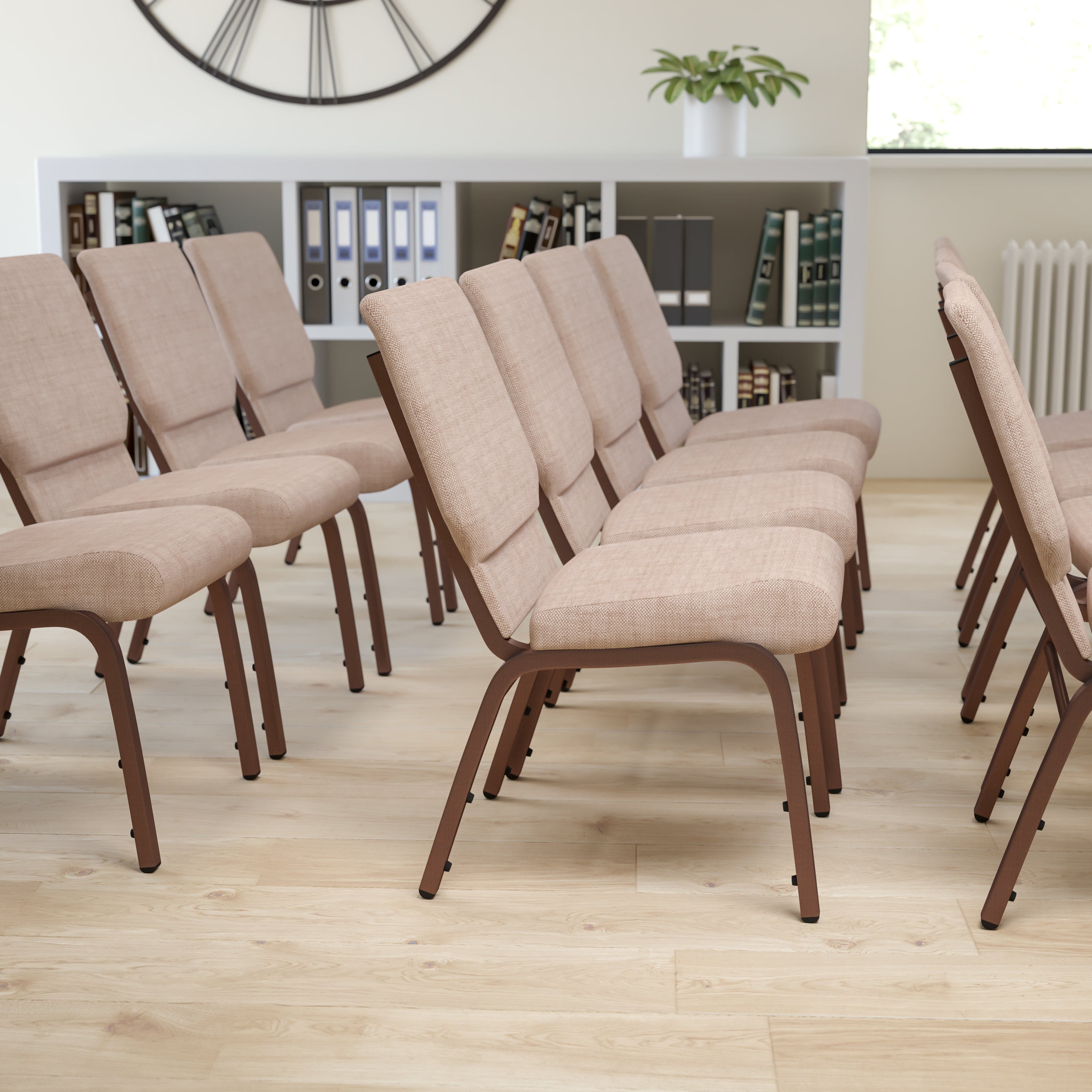 HERCULES Series 18.5''W Stacking Church Chair in Beige Fabric - Copper Vein Frame