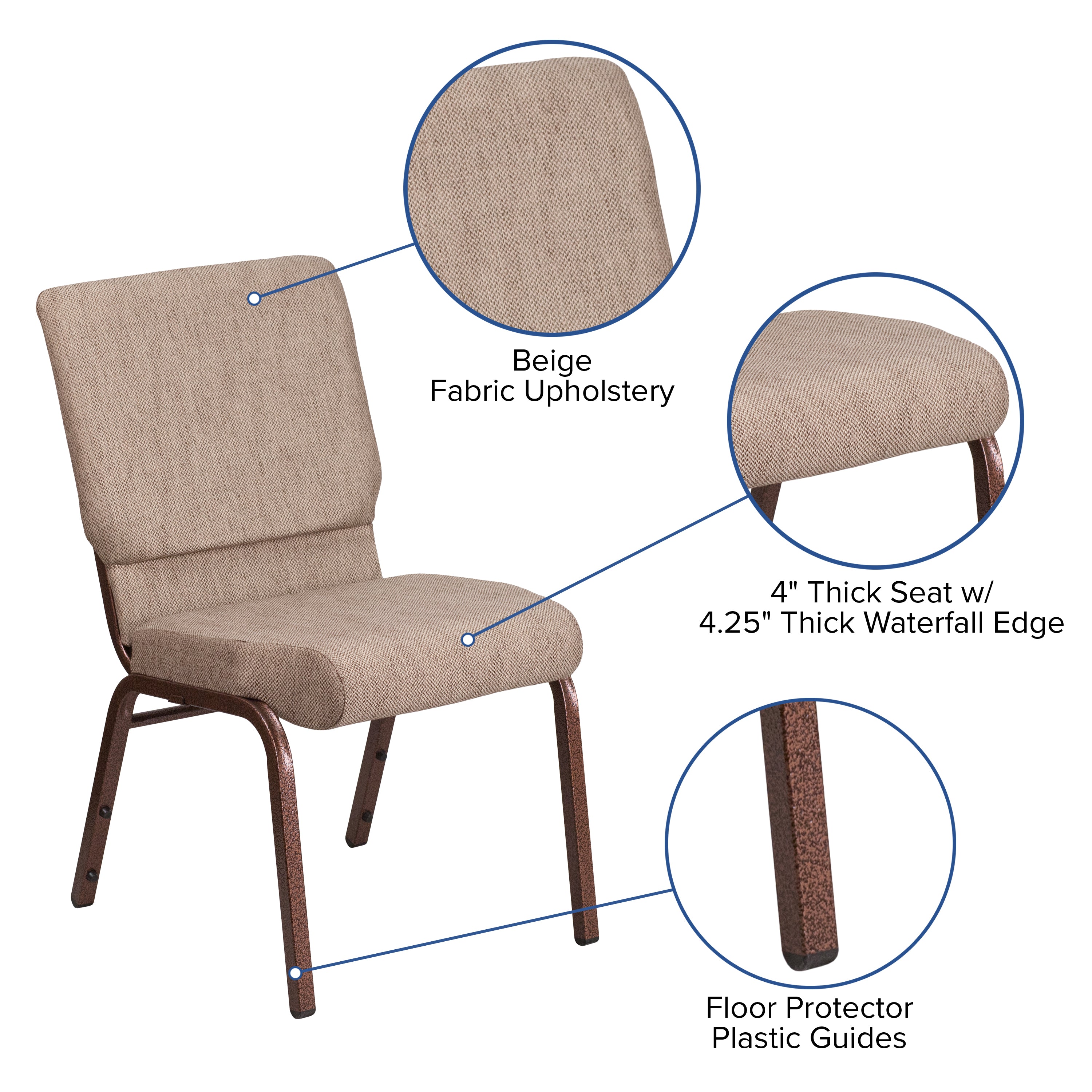 HERCULES Series 18.5''W Stacking Church Chair in Beige Fabric - Copper Vein Frame