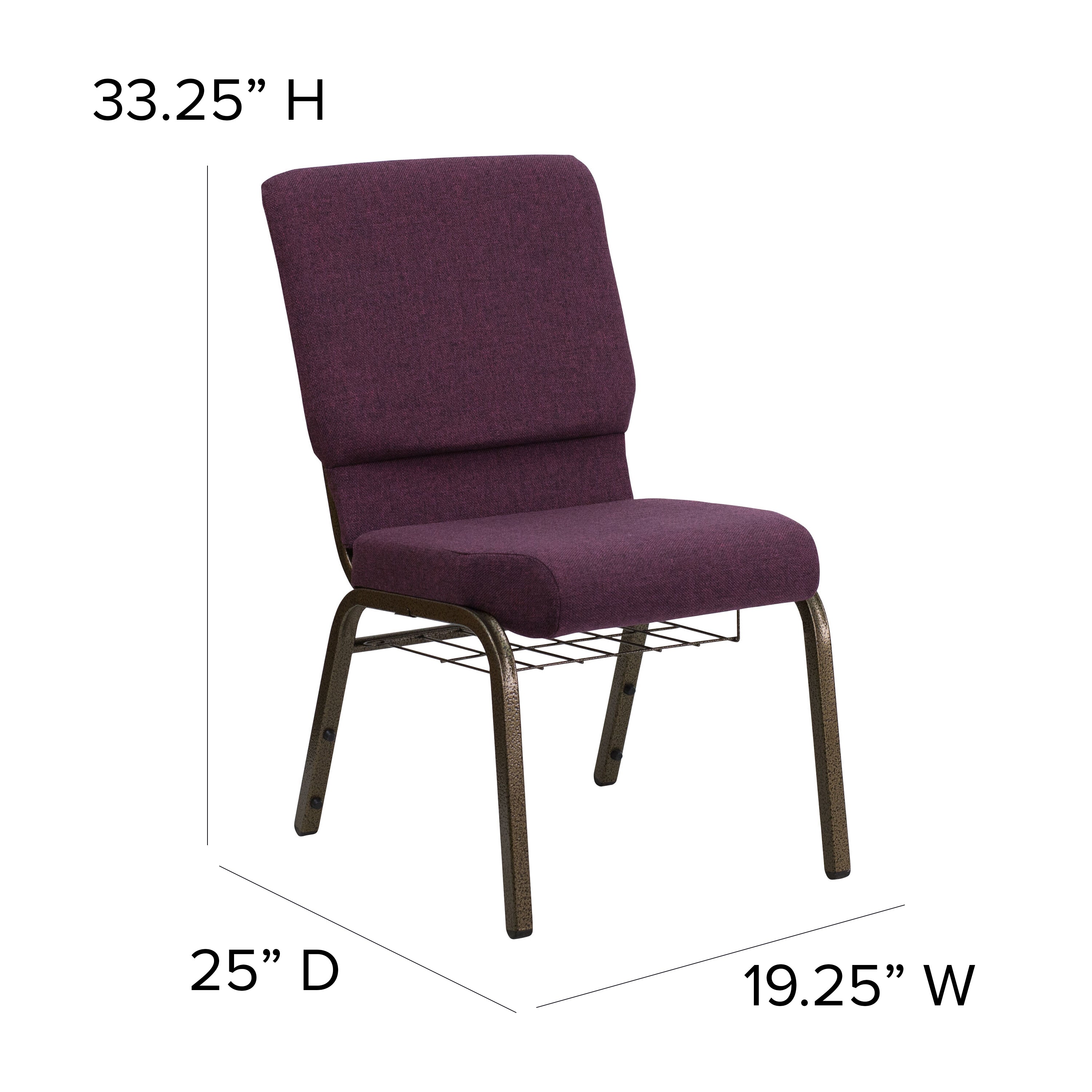 HERCULES Series 18.5''W Church Chair in Plum Fabric with Cup Book Rack - Gold Vein Frame