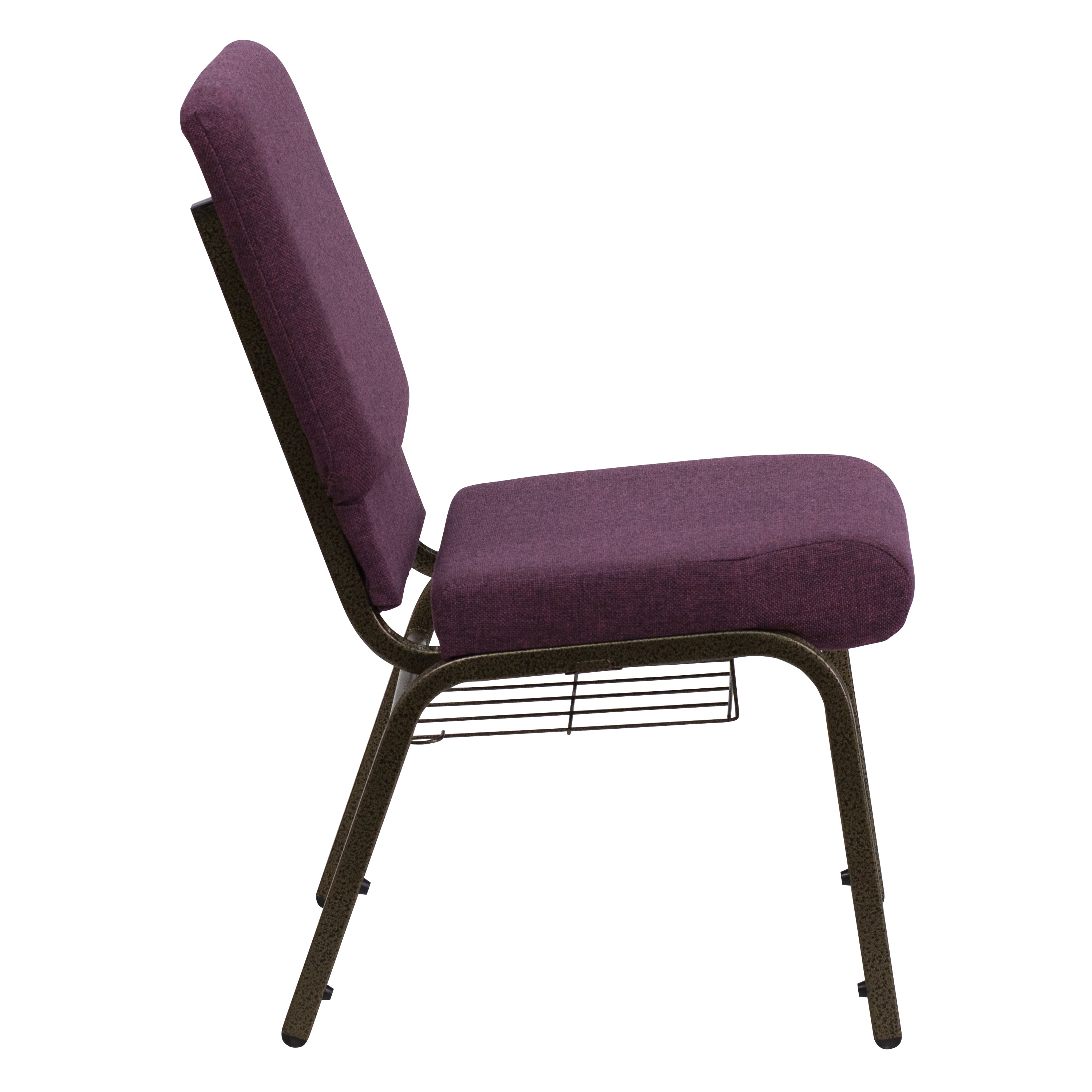 HERCULES Series 18.5''W Church Chair in Plum Fabric with Cup Book Rack - Gold Vein Frame