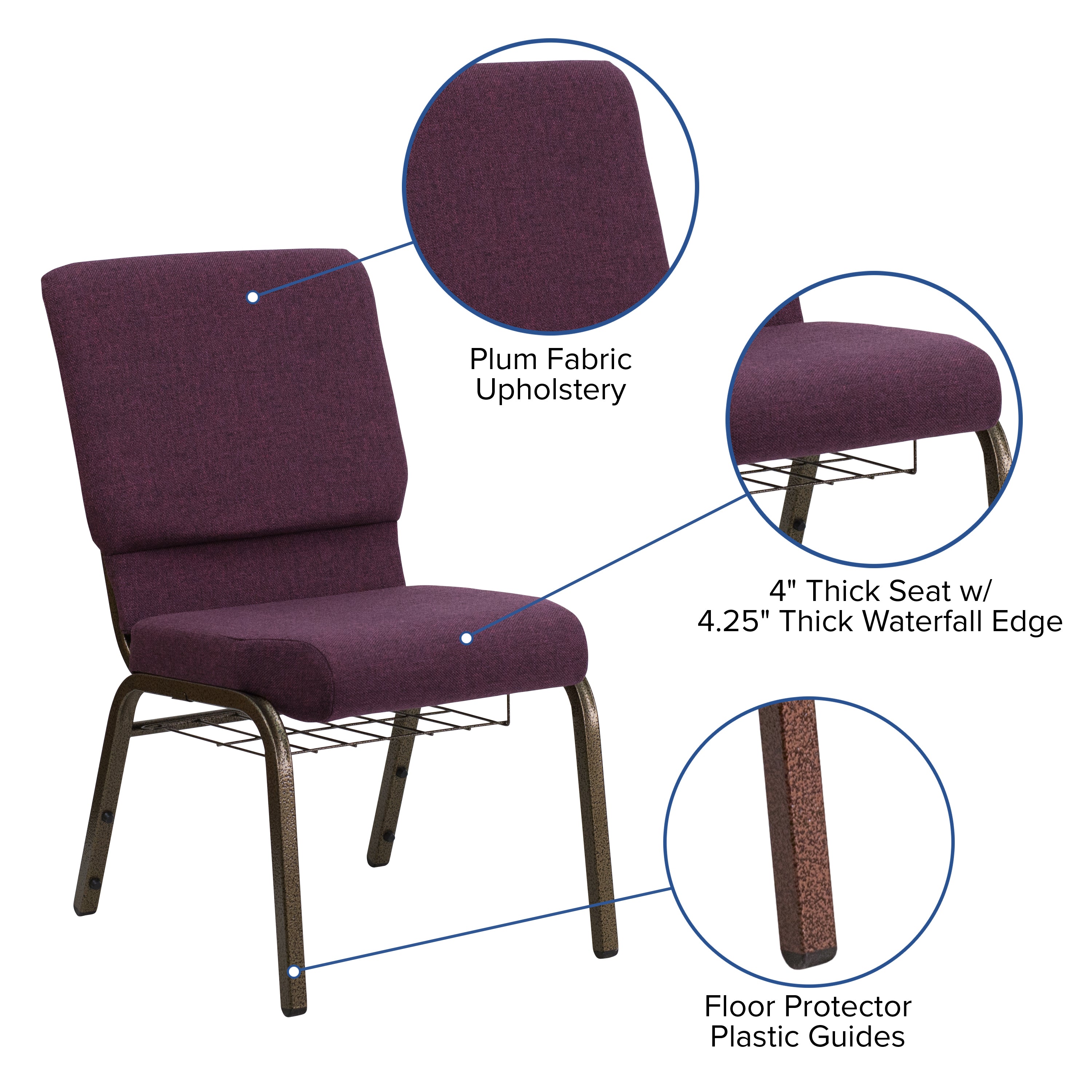 HERCULES Series 18.5''W Church Chair in Plum Fabric with Cup Book Rack - Gold Vein Frame