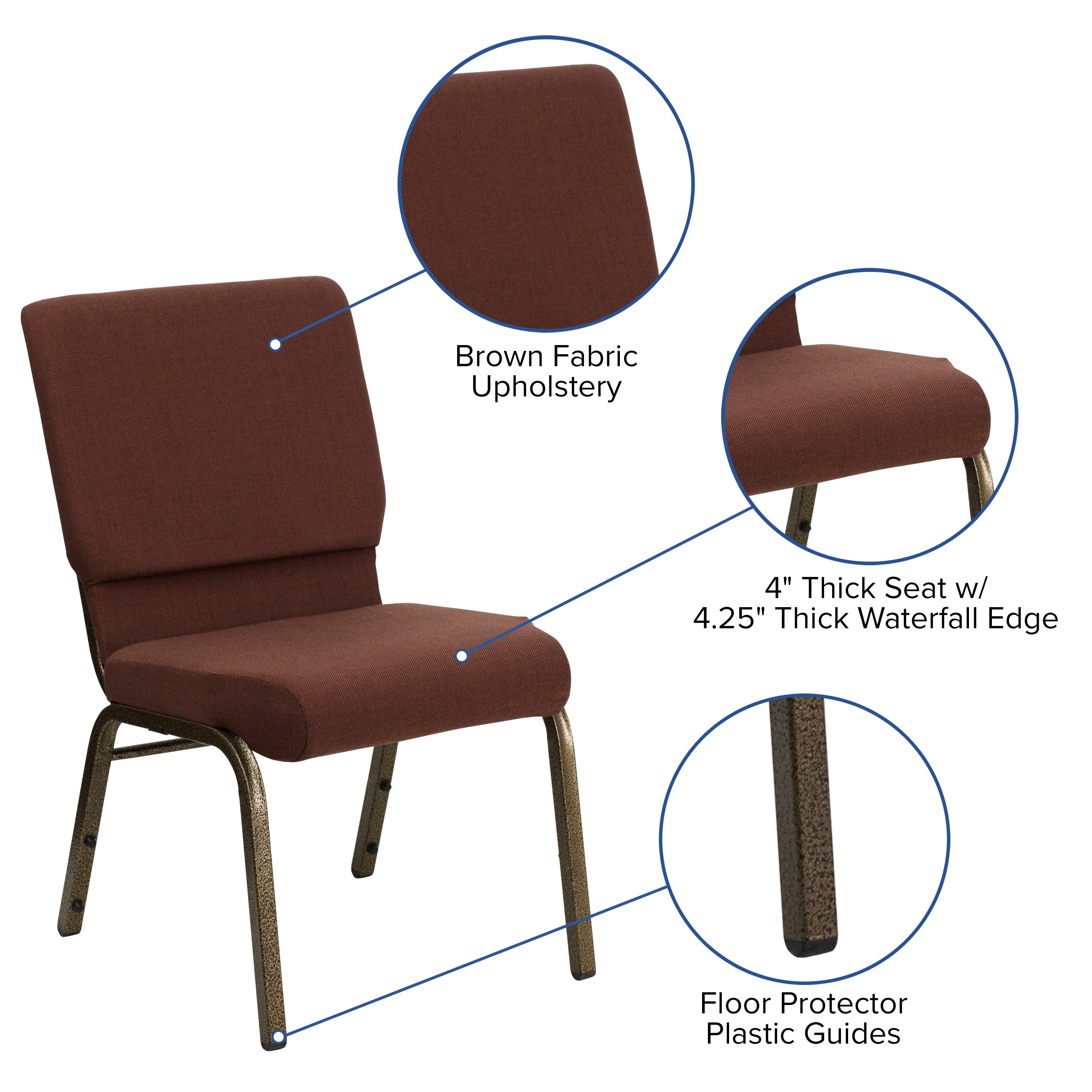 HERCULES Series 18.5''W Stacking Church Chair in Brown Fabric - Gold Vein Frame