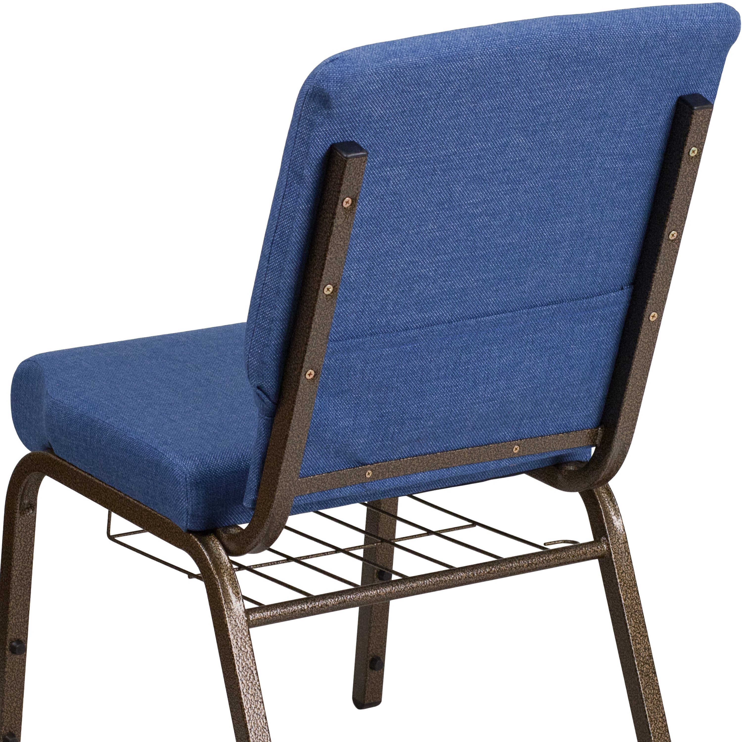 HERCULES Series 18.5''W Church Chair in Blue Fabric with Cup Book Rack - Gold Vein Frame