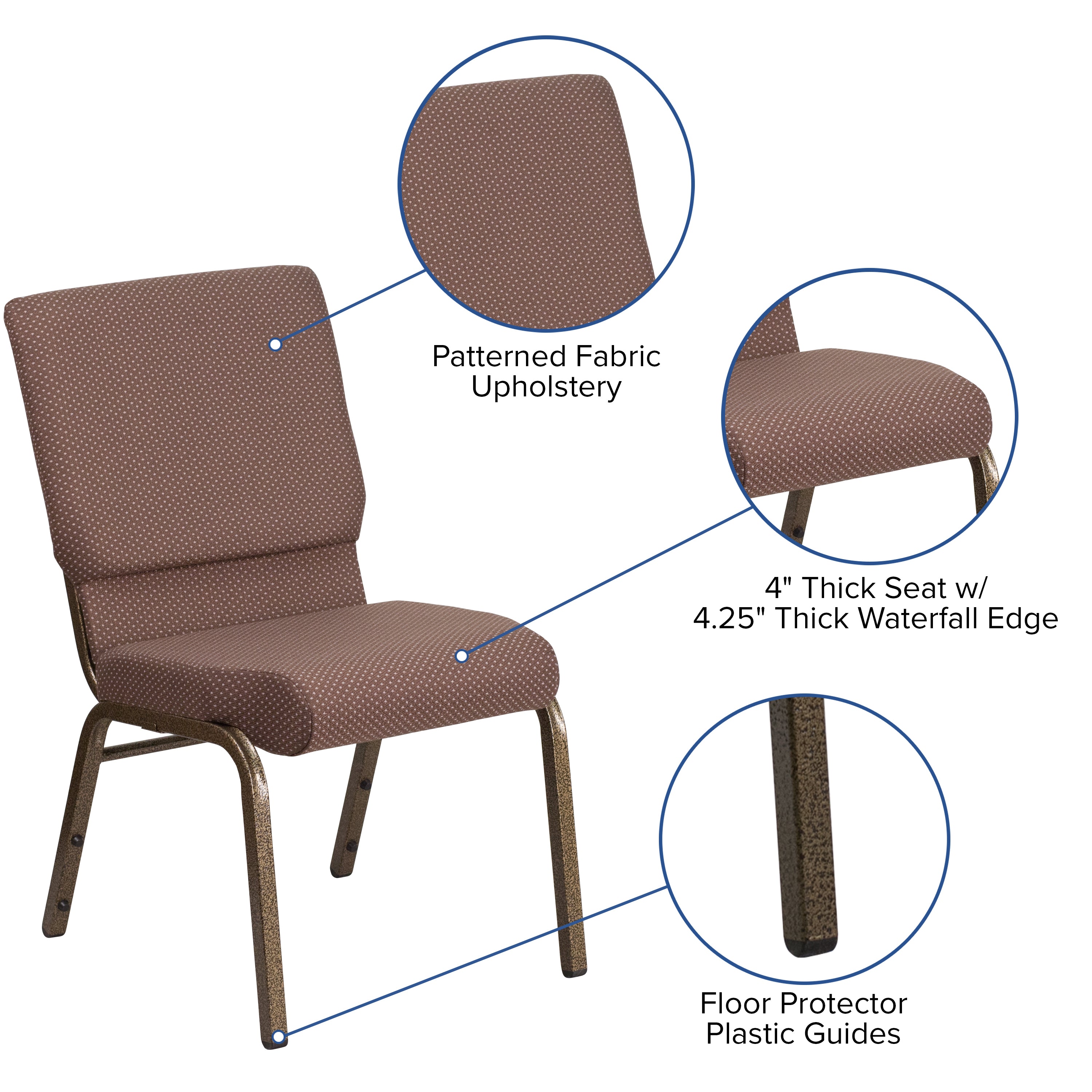HERCULES Series 18.5''W Stacking Church Chair in Brown Dot Fabric - Gold Vein Frame