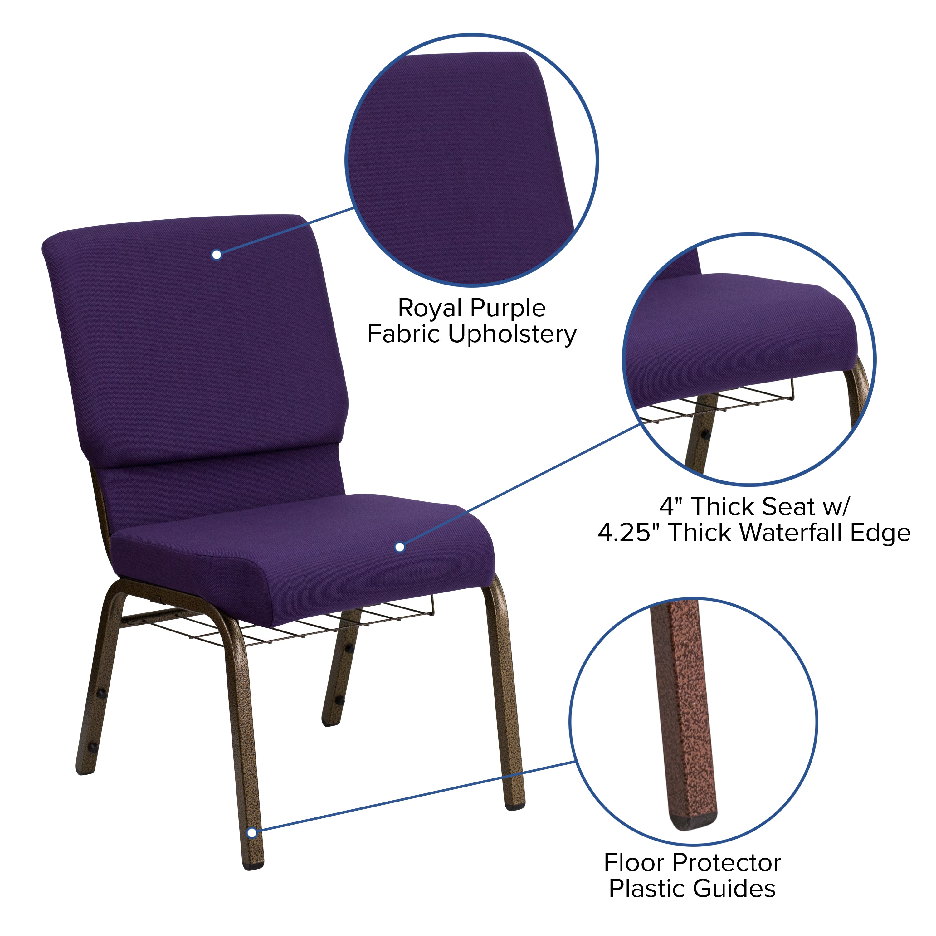 HERCULES Series 18.5''W Church Chair in Royal Purple Fabric with Cup Book Rack - Gold Vein Frame