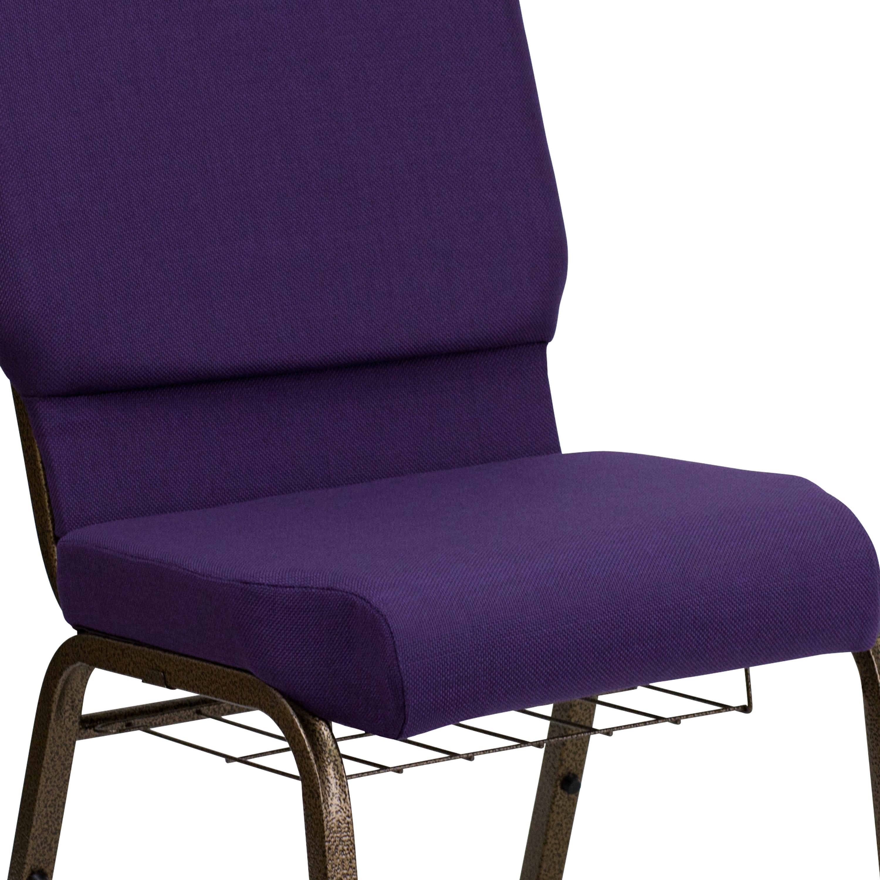 HERCULES Series 18.5''W Church Chair in Royal Purple Fabric with Cup Book Rack - Gold Vein Frame