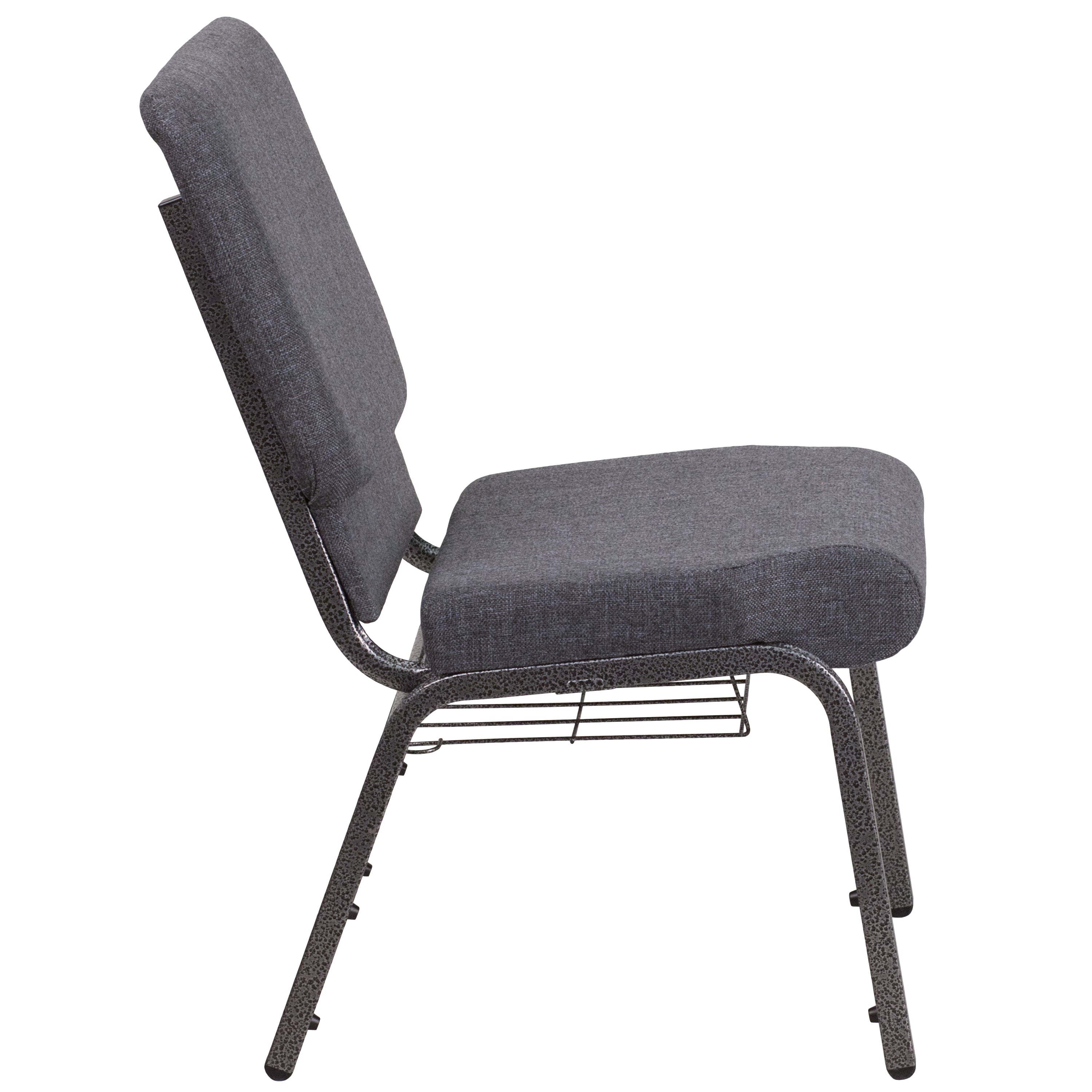 HERCULES Series 18.5''W Church Chair in Dark Gray Fabric with Book Rack - Silver Vein Frame