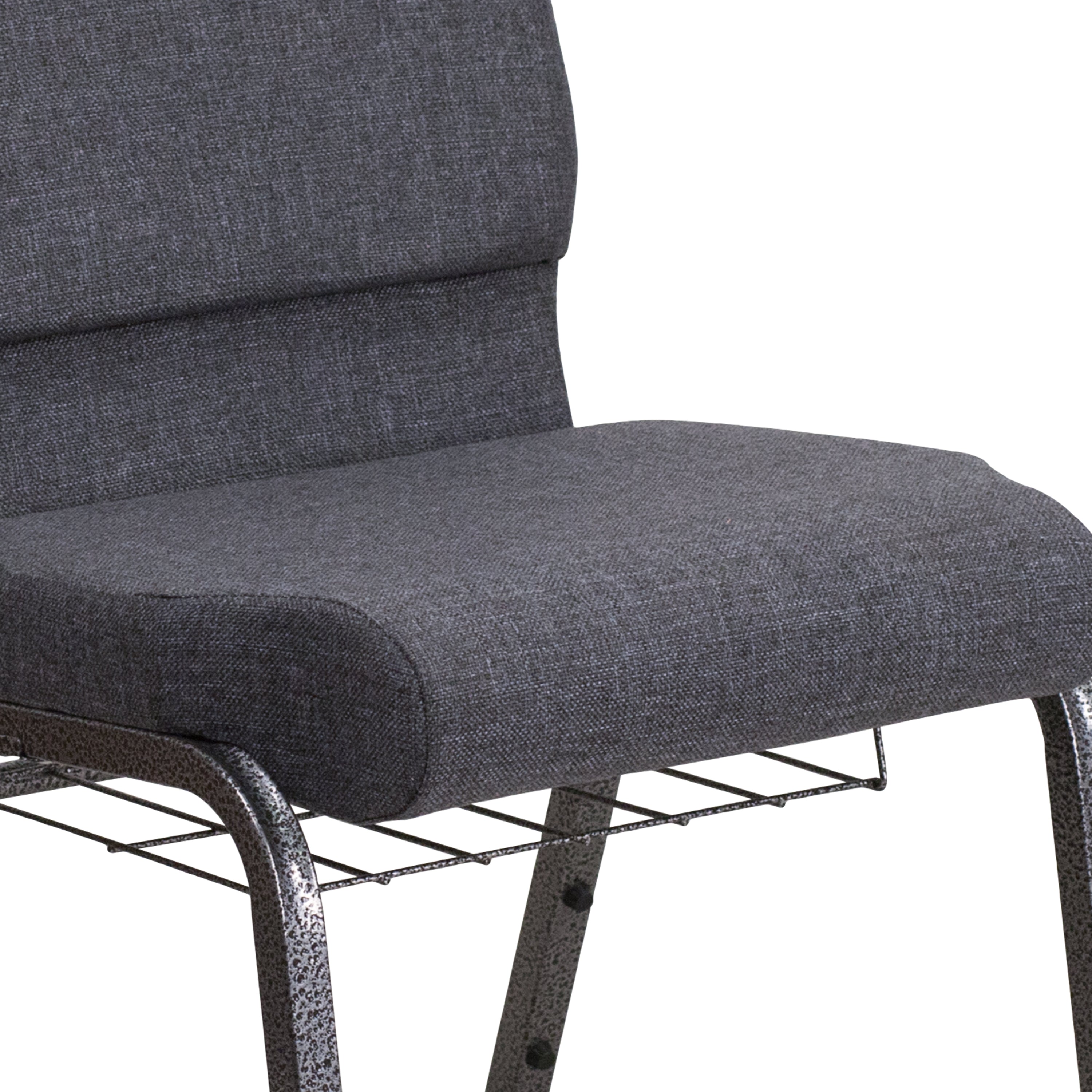 HERCULES Series 18.5''W Church Chair in Dark Gray Fabric with Book Rack - Silver Vein Frame