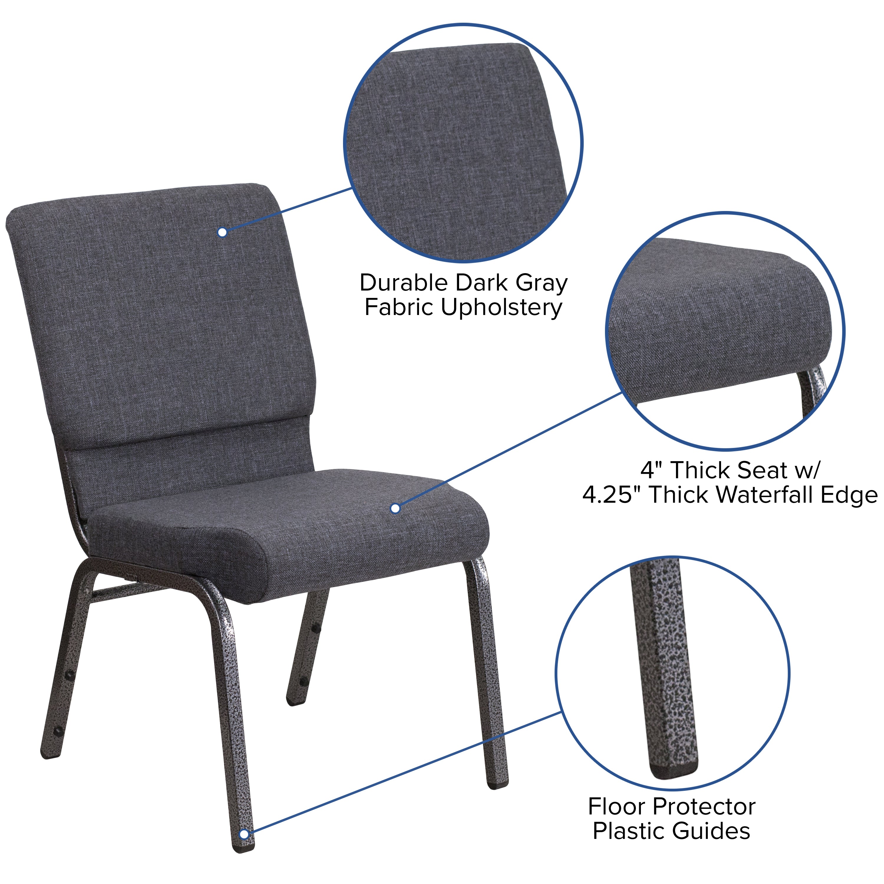 HERCULES Series 18.5''W Stacking Church Chair in Dark Gray Fabric - Silver Vein Frame