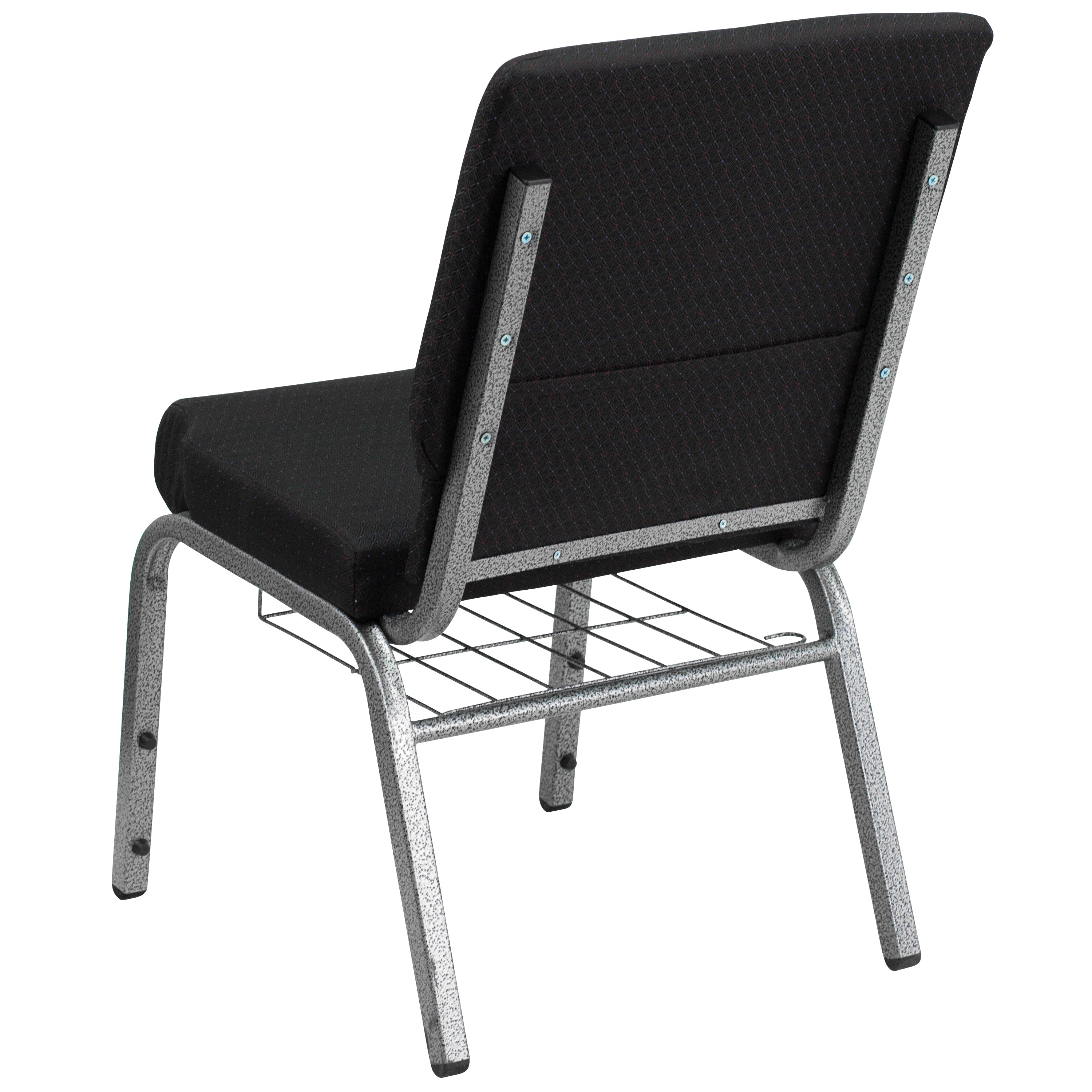 HERCULES Series 18.5''W Church Chair in Black Patterned Fabric with Cup Book Rack - Silver Vein Frame