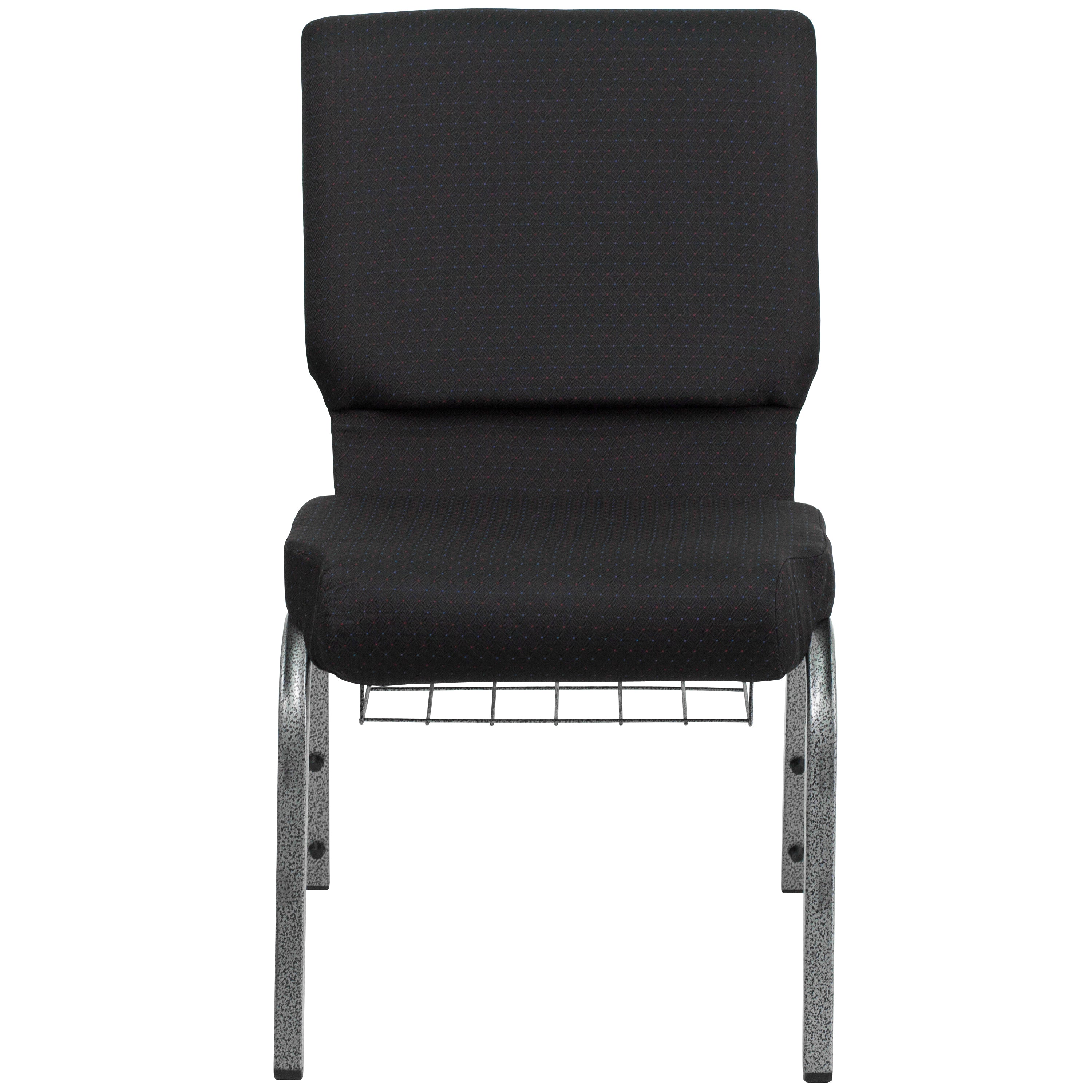 HERCULES Series 18.5''W Church Chair in Black Patterned Fabric with Cup Book Rack - Silver Vein Frame
