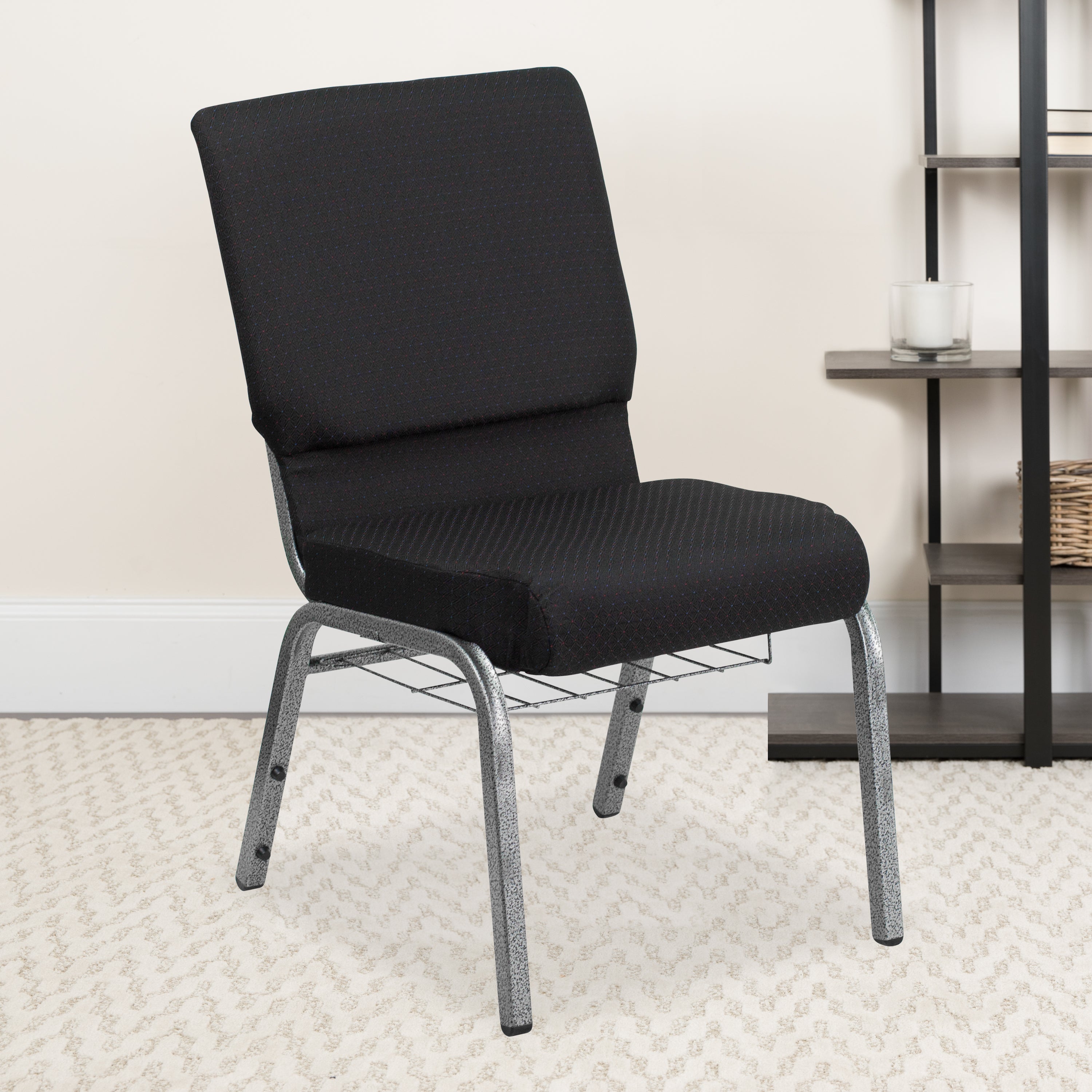 HERCULES Series 18.5''W Church Chair in Black Patterned Fabric with Cup Book Rack - Silver Vein Frame