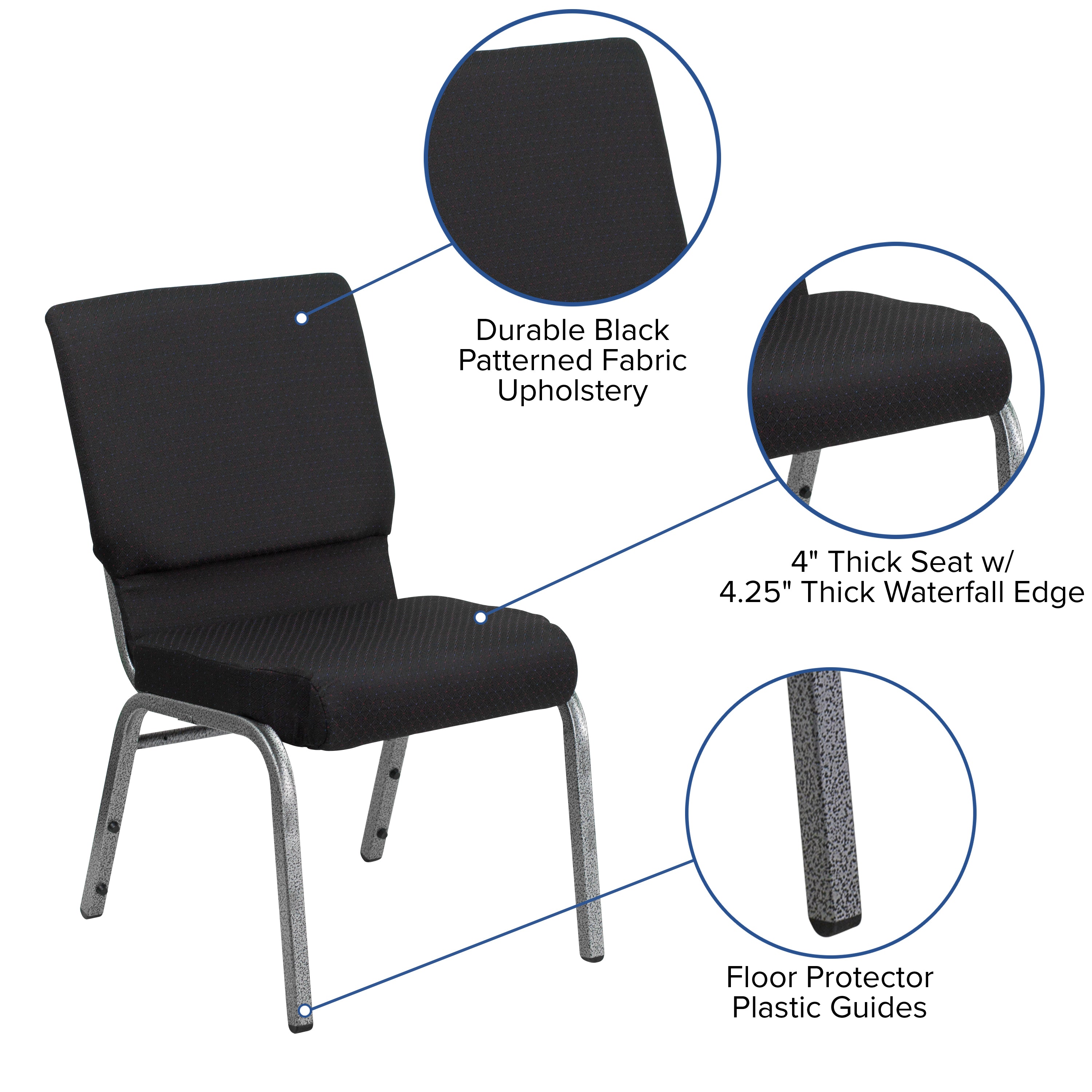 HERCULES Series 18.5''W Stacking Church Chair in Black Patterned Fabric - Silver Vein Frame