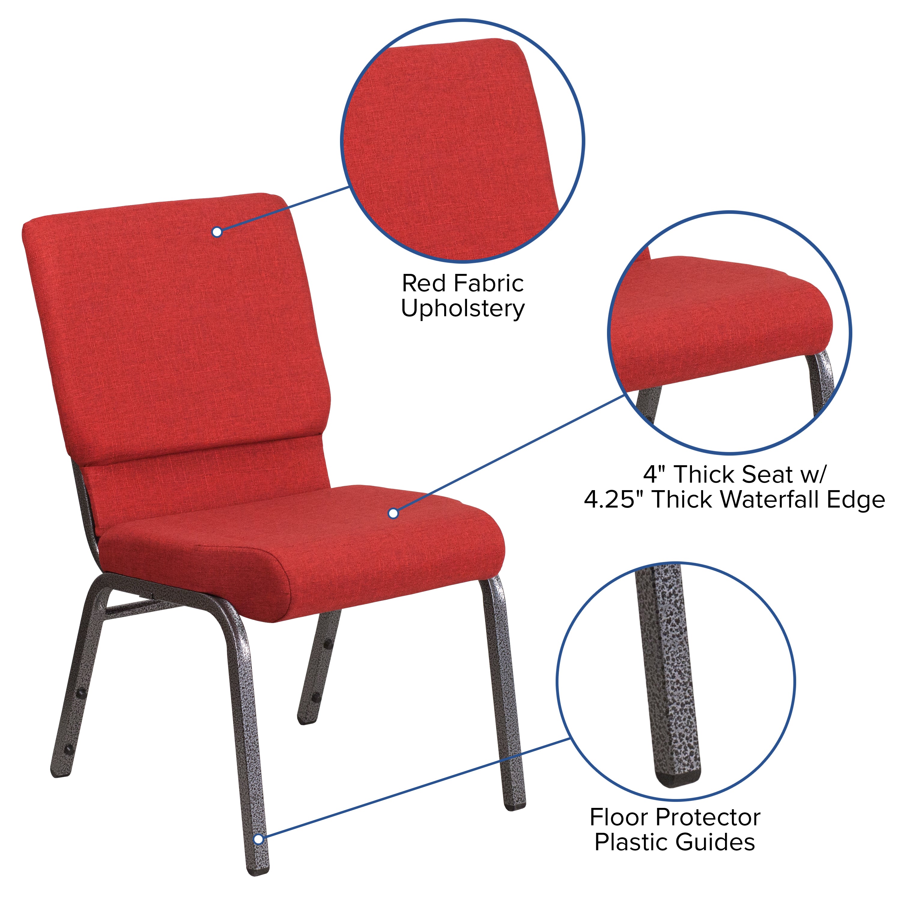 HERCULES Series 18.5''W Stacking Church Chair in Red Fabric - Silver Vein Frame