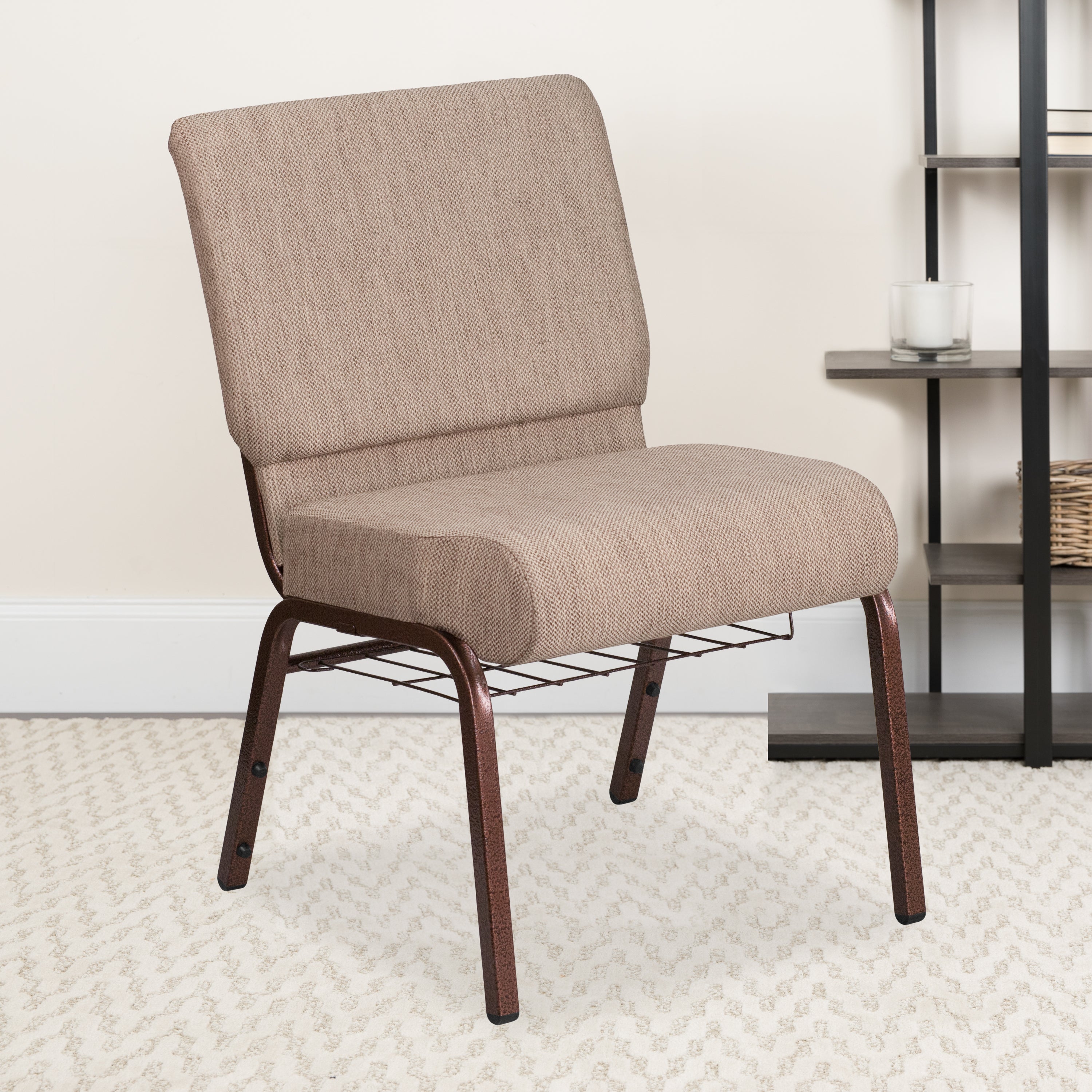 HERCULES Series 21''W Church Chair in Beige Fabric with Book Rack - Copper Vein Frame