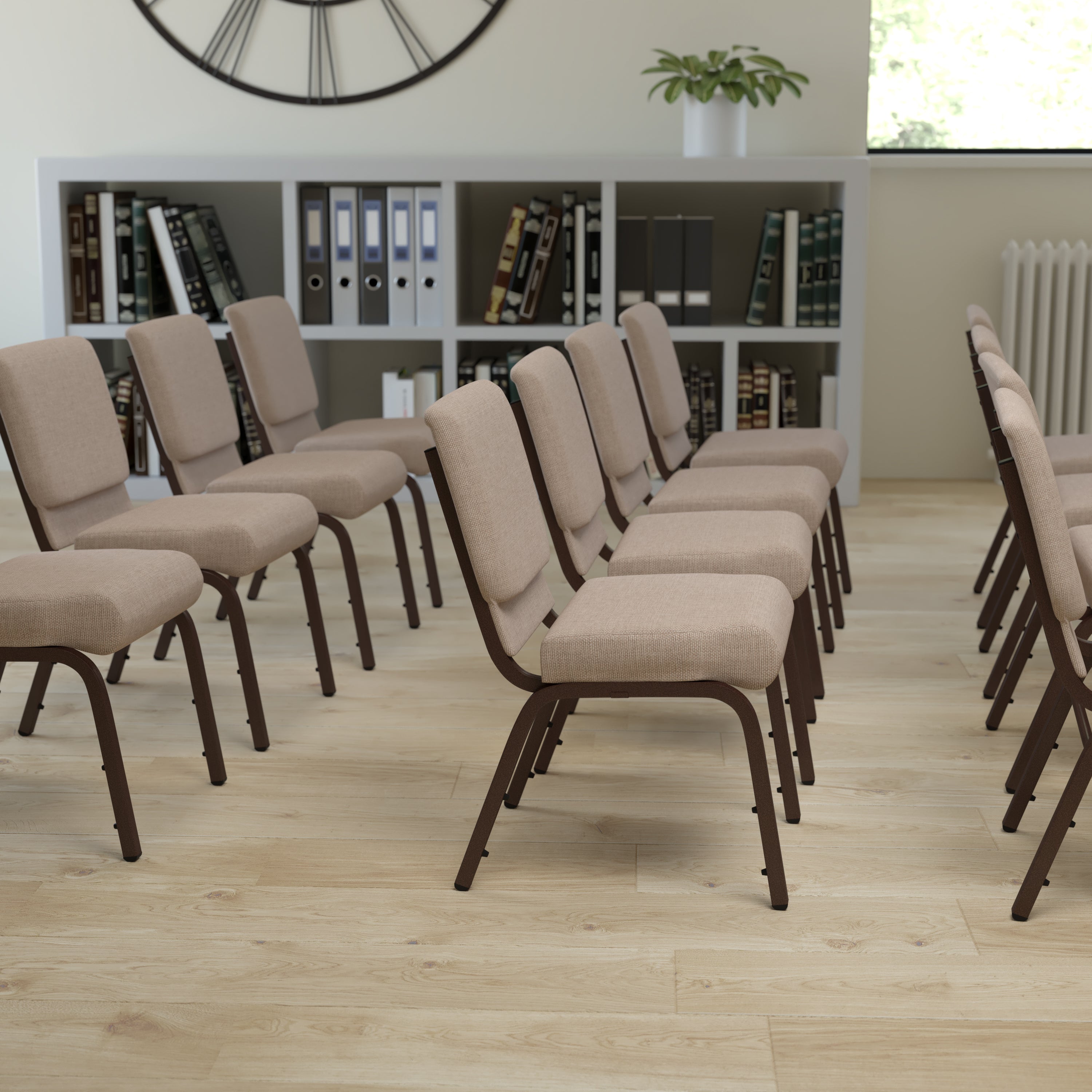 HERCULES Series 21''W Stacking Church Chair in Beige Fabric - Copper Vein Frame