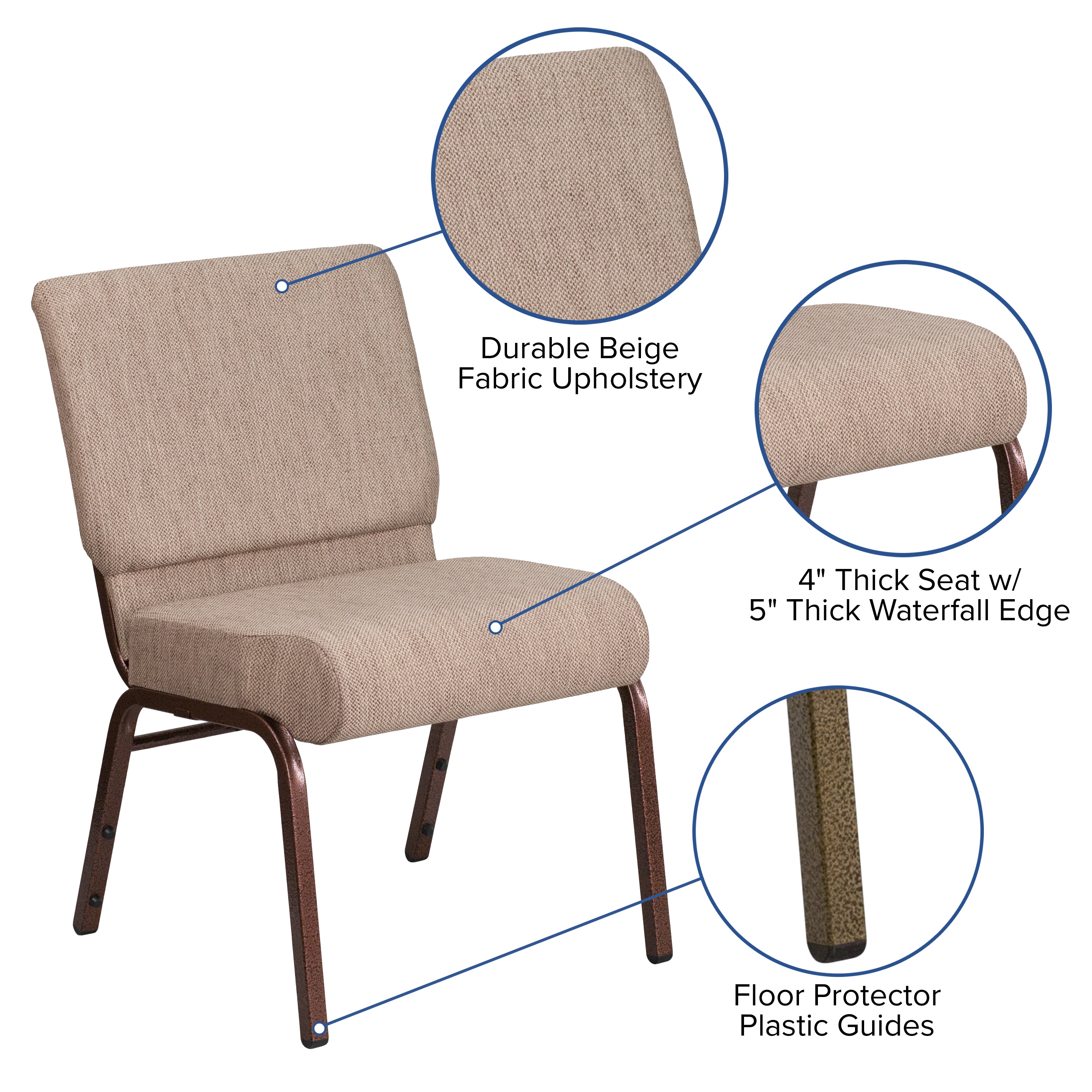 HERCULES Series 21''W Stacking Church Chair in Beige Fabric - Copper Vein Frame