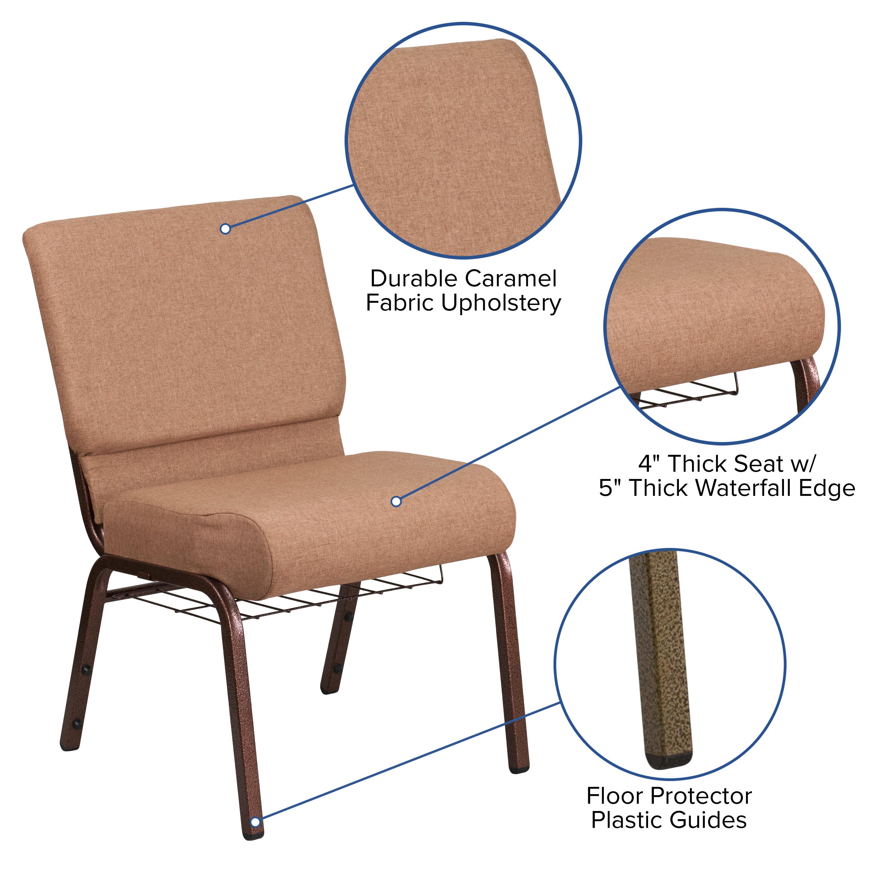 HERCULES Series 21''W Church Chair in Caramel Fabric with Cup Book Rack - Copper Vein Frame