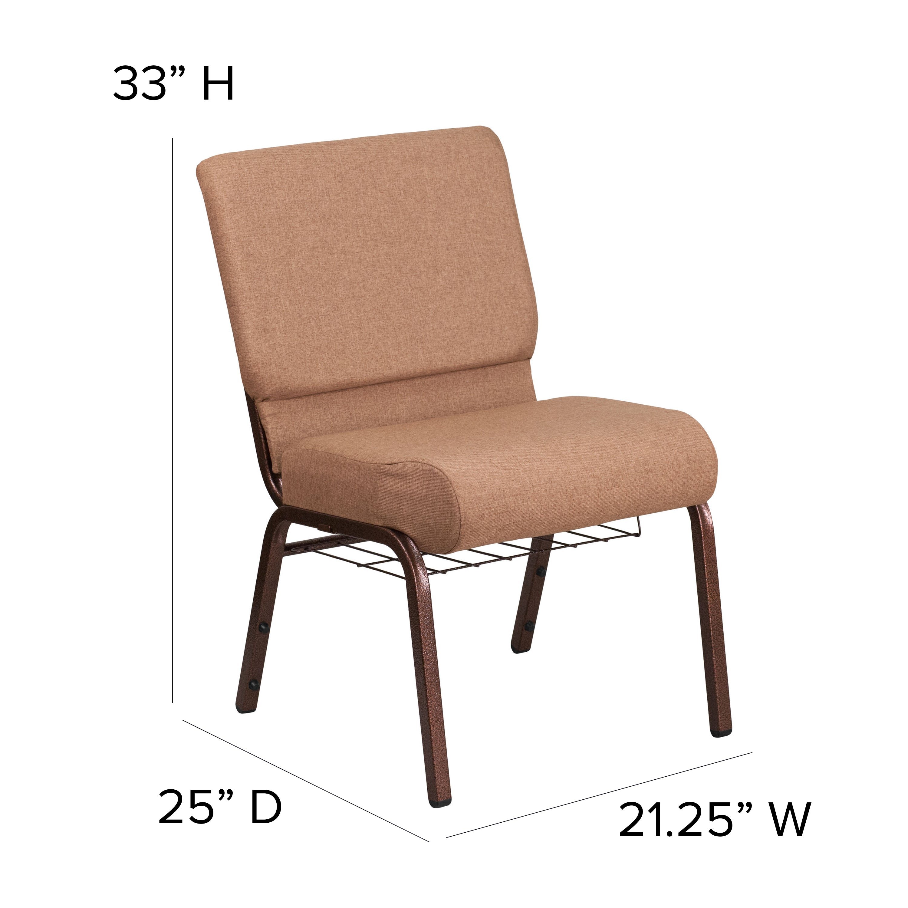 HERCULES Series 21''W Church Chair in Caramel Fabric with Cup Book Rack - Copper Vein Frame