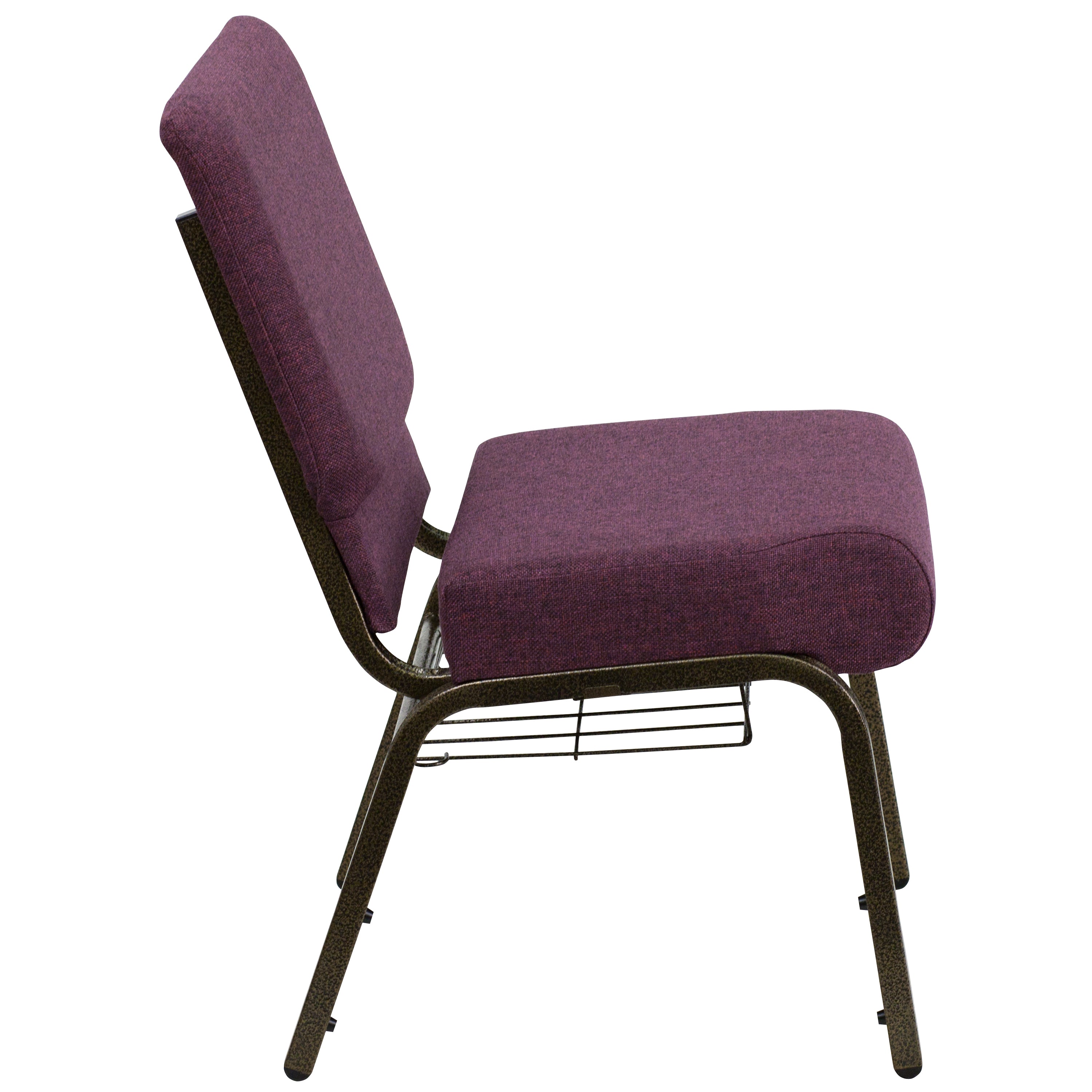 HERCULES Series 21''W Church Chair in Plum Fabric with Cup Book Rack - Gold Vein Frame