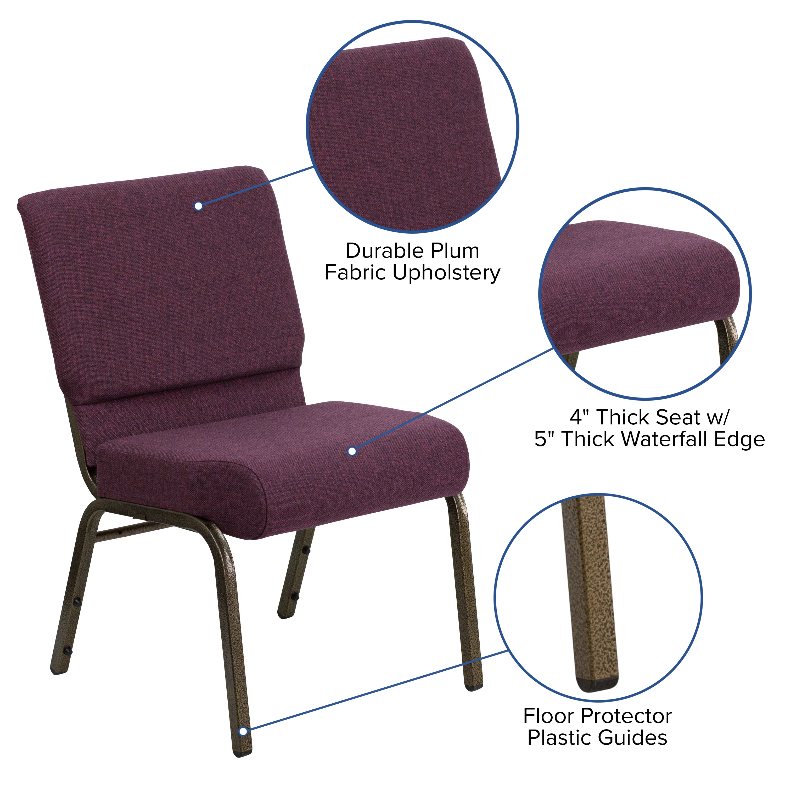 HERCULES Series 21''W Stacking Church Chair in Plum Fabric - Gold Vein Frame