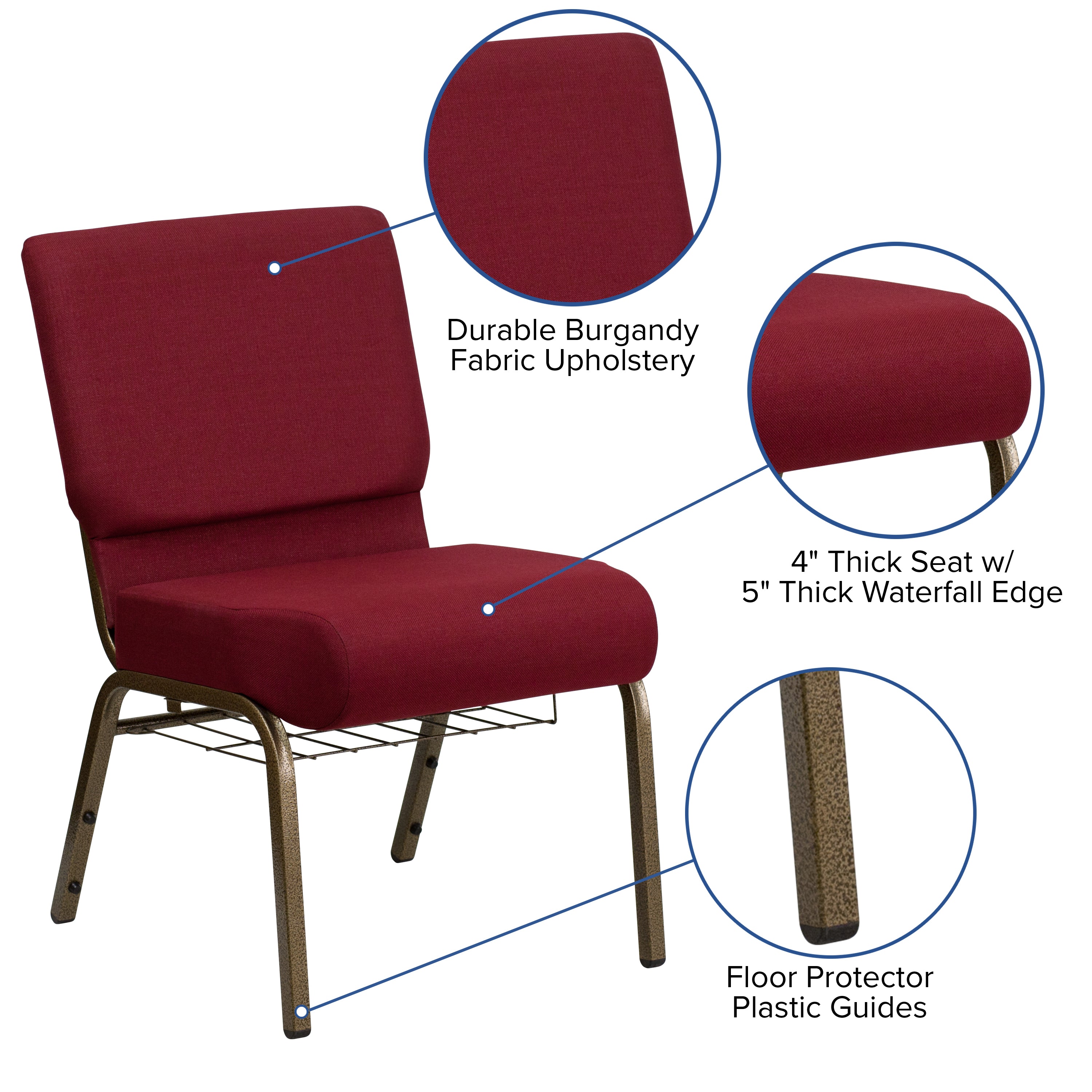 HERCULES Series 21''W Church Chair in Burgundy Fabric with Cup Book Rack - Gold Vein Frame