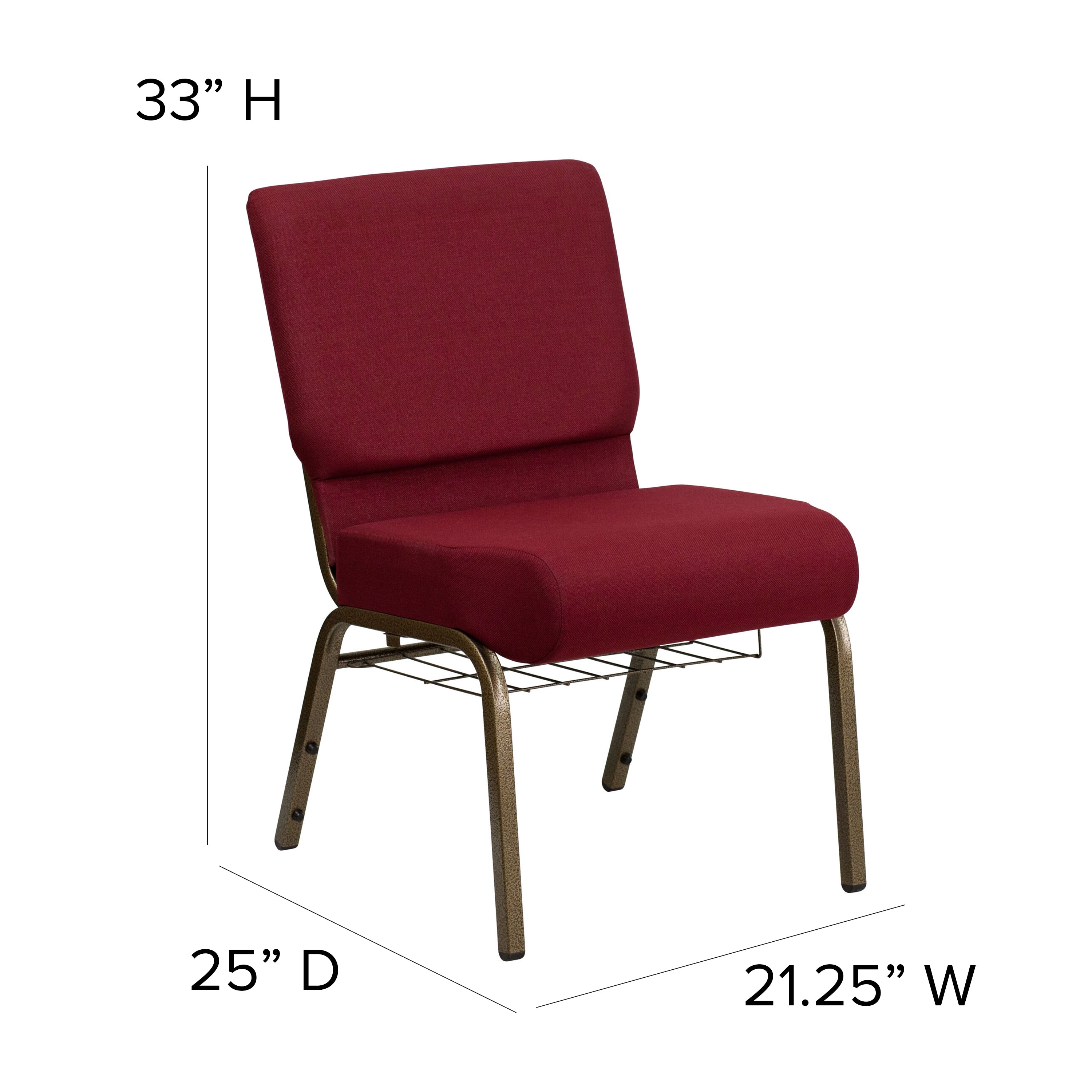 HERCULES Series 21''W Church Chair in Burgundy Fabric with Cup Book Rack - Gold Vein Frame