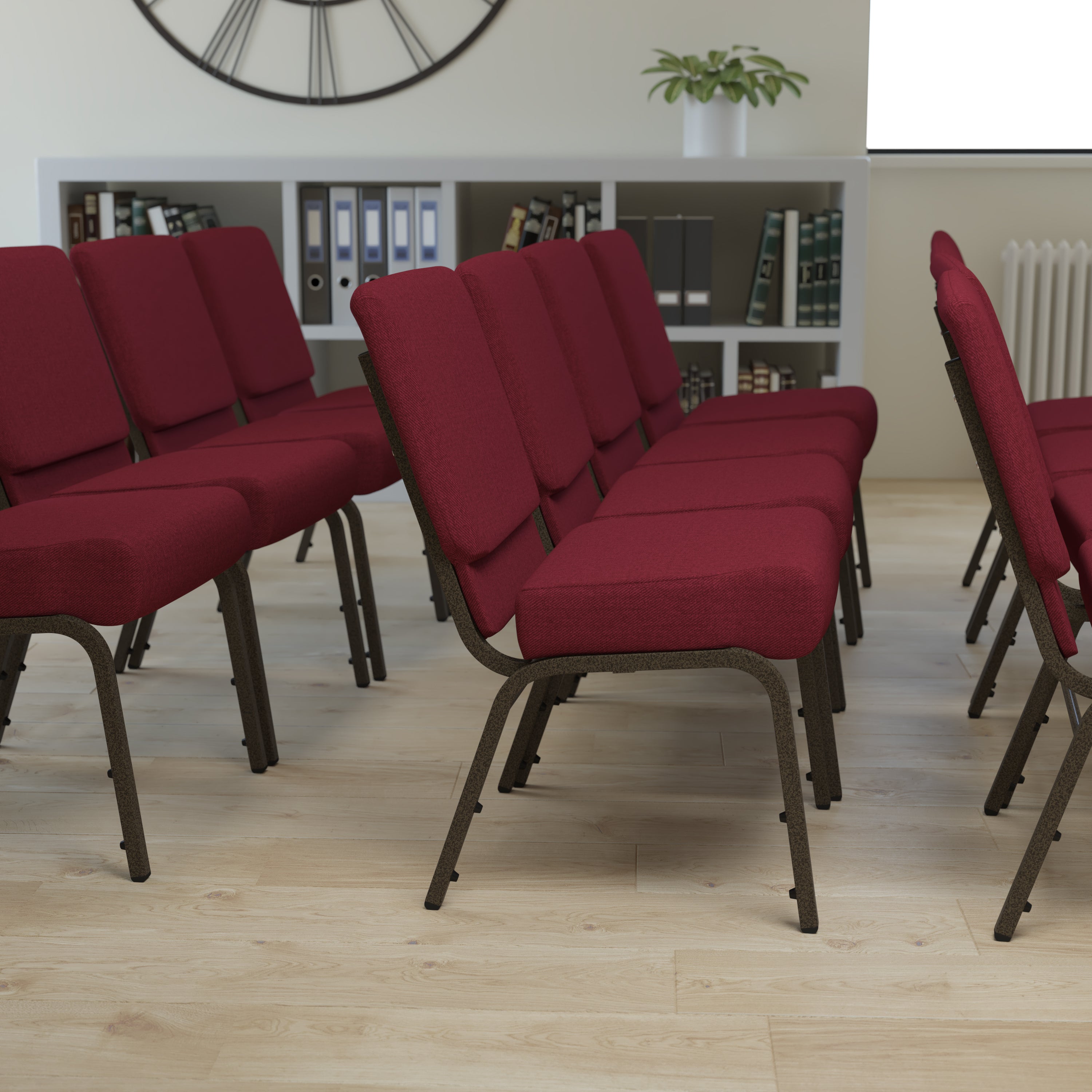 HERCULES Series 21''W Stacking Church Chair in Burgundy Fabric - Gold Vein Frame