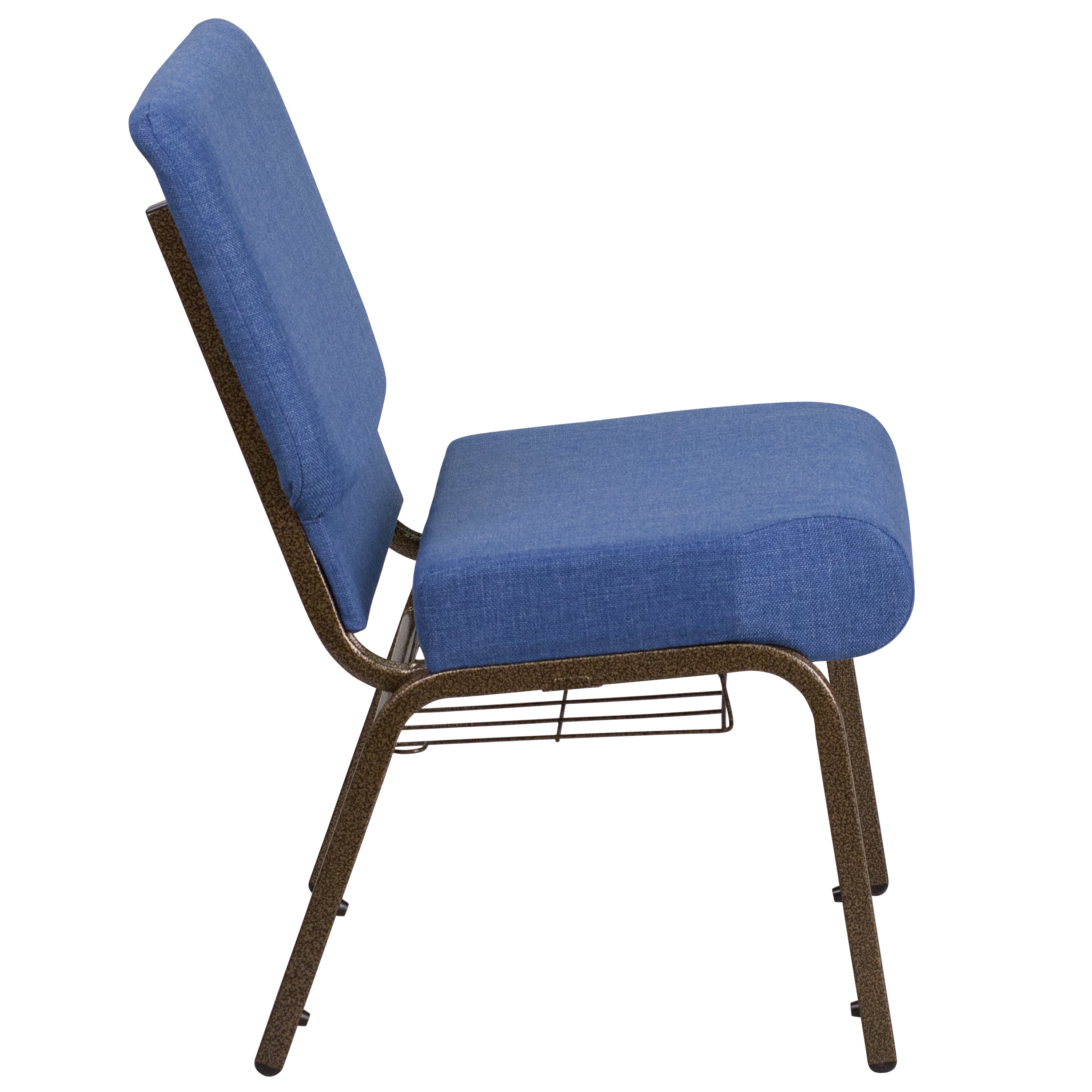 HERCULES Series 21''W Church Chair in Blue Fabric with Cup Book Rack - Gold Vein Frame