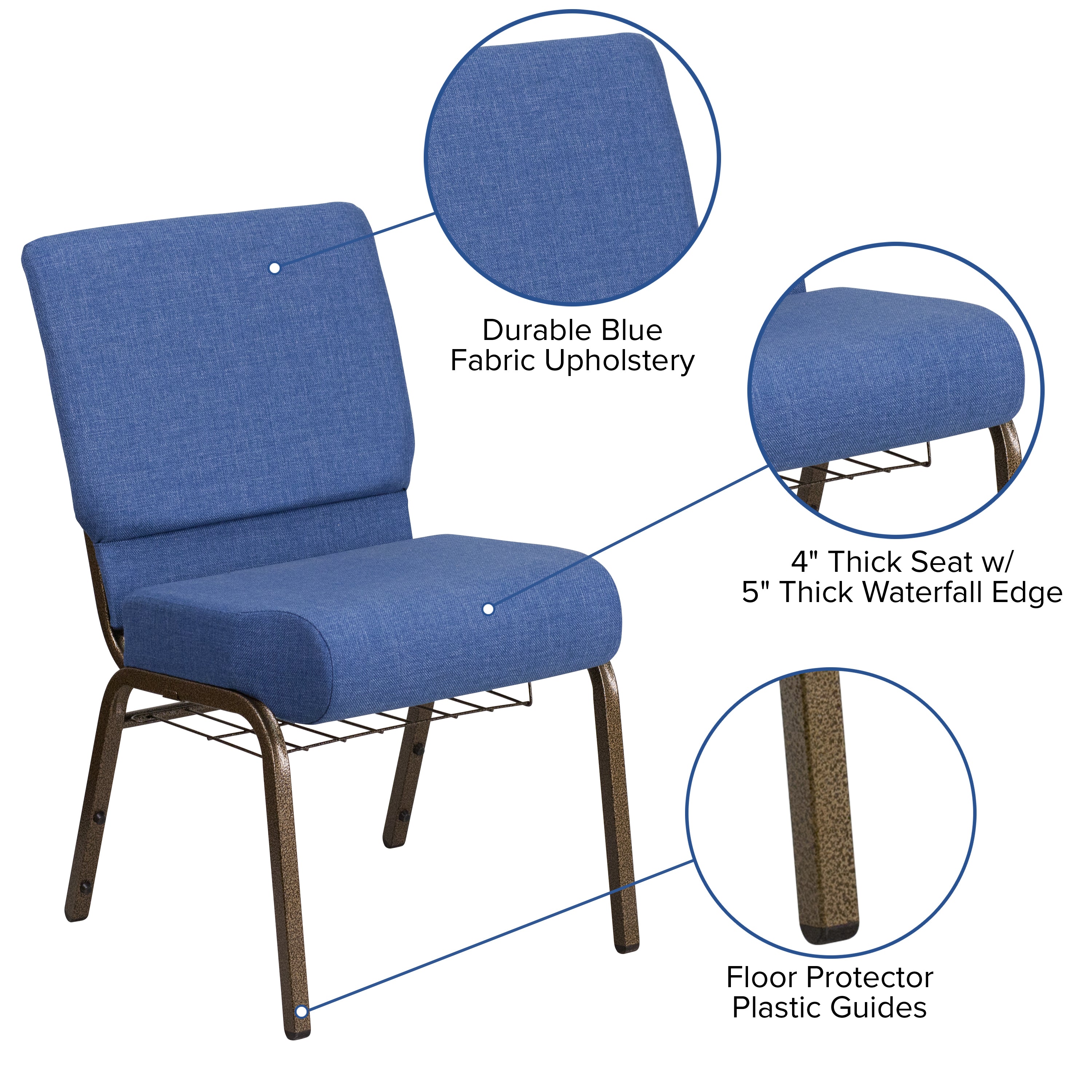 HERCULES Series 21''W Church Chair in Blue Fabric with Cup Book Rack - Gold Vein Frame