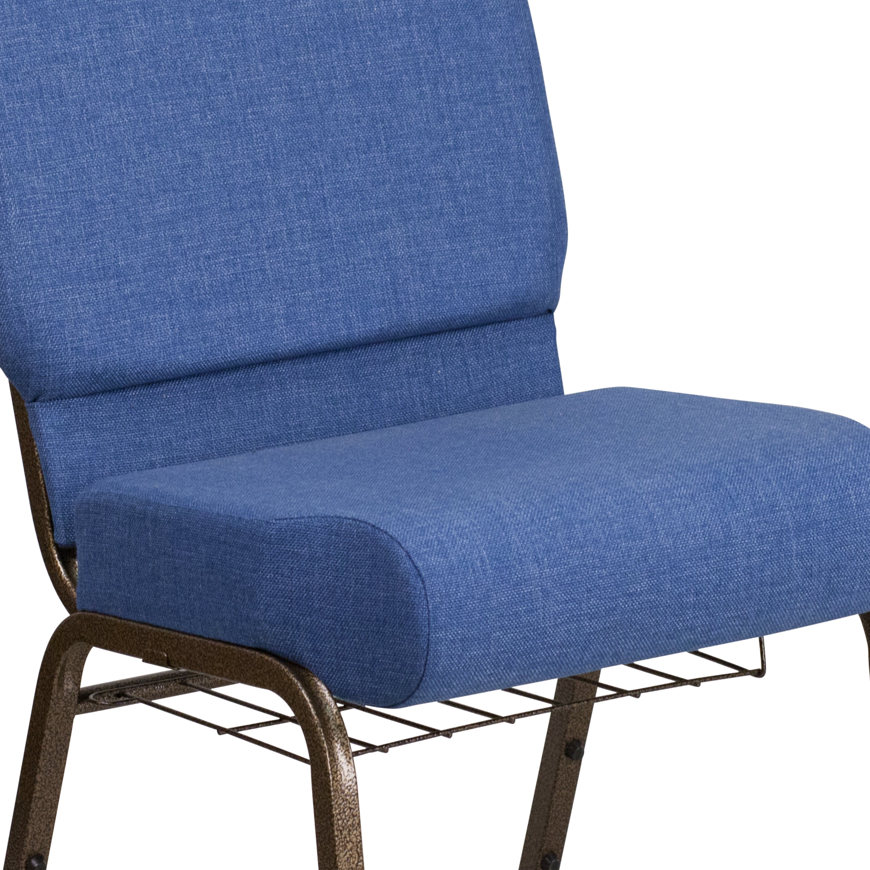 HERCULES Series 21''W Church Chair in Blue Fabric with Cup Book Rack - Gold Vein Frame