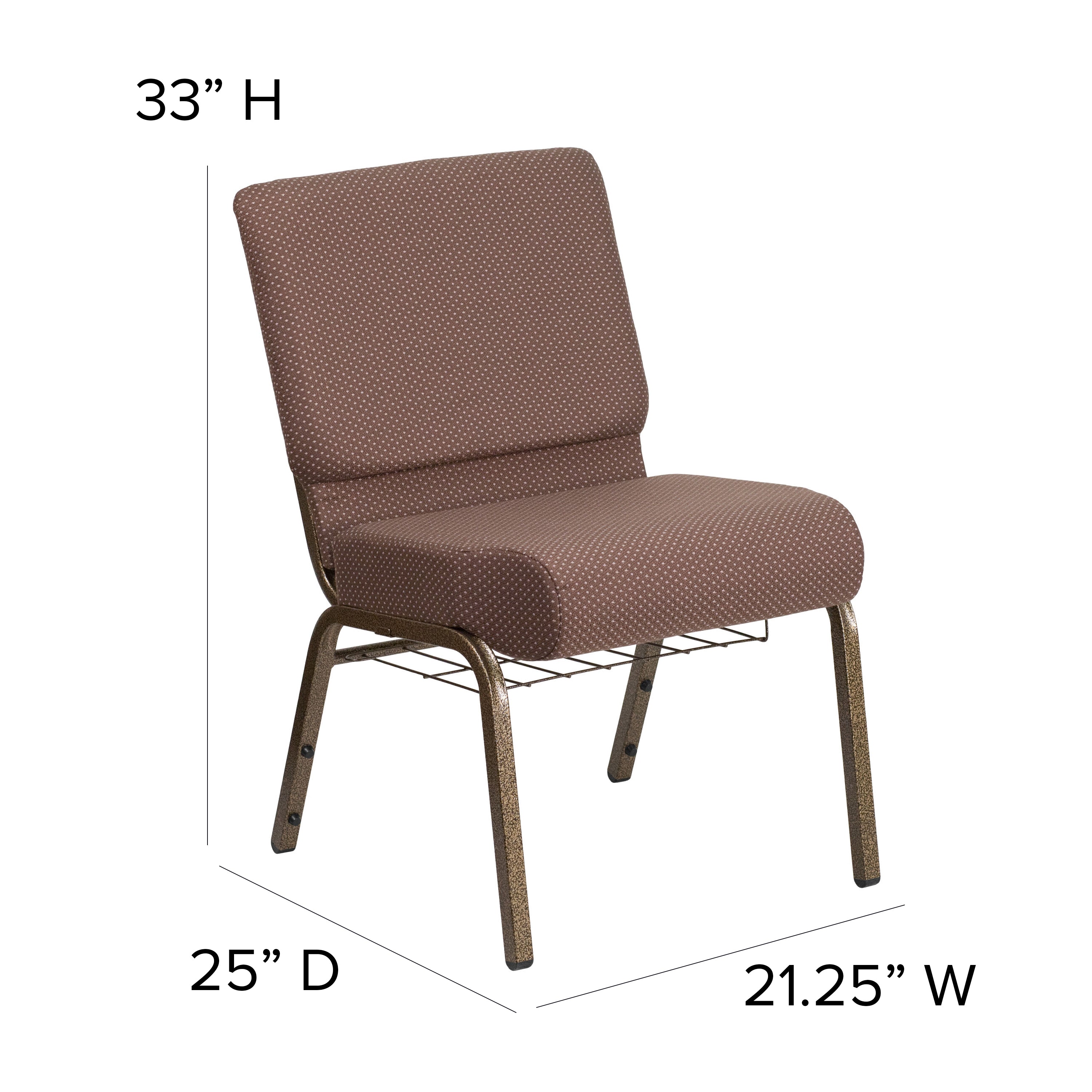 HERCULES Series 21''W Church Chair in Brown Dot Fabric with Book Rack - Gold Vein Frame