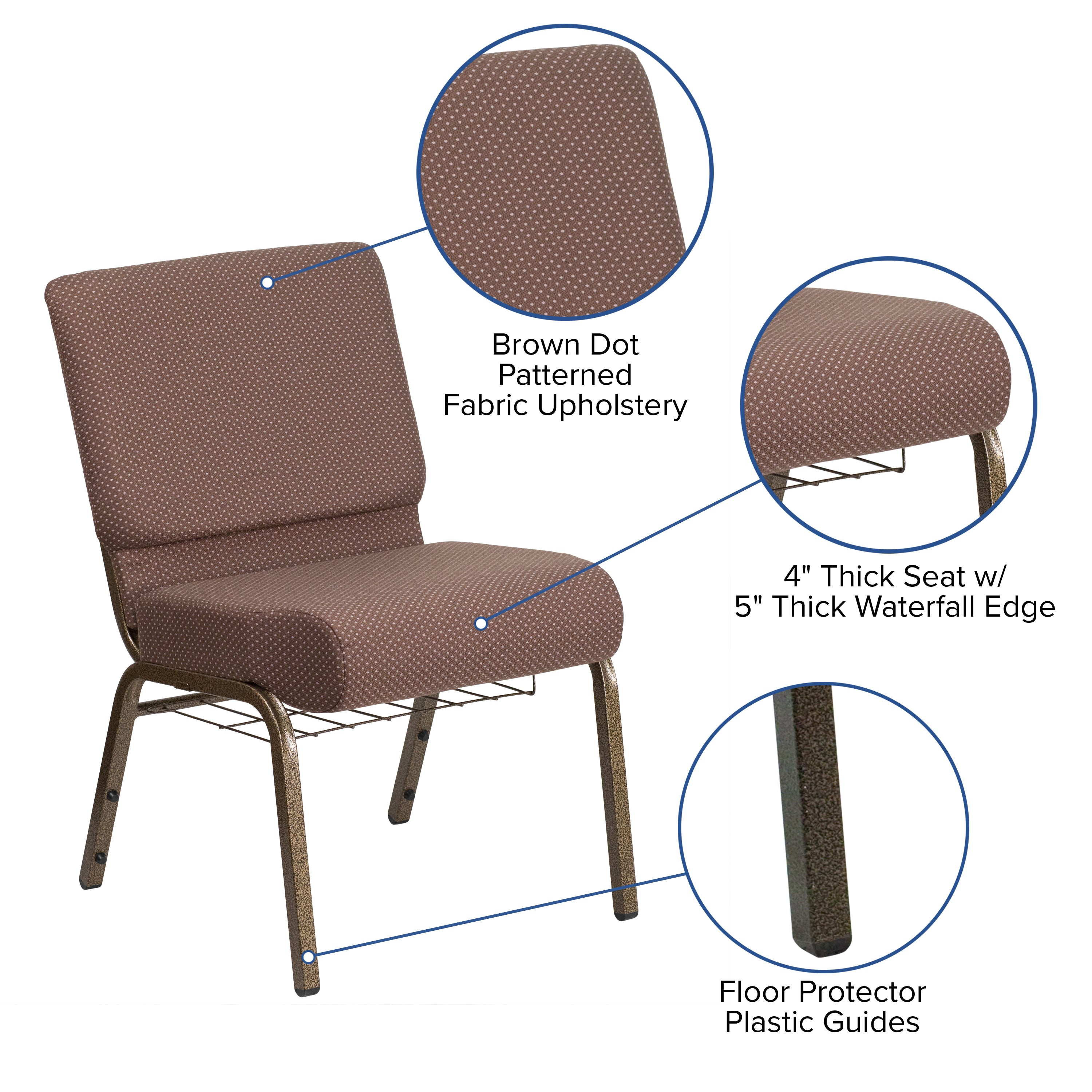 HERCULES Series 21''W Church Chair in Brown Dot Fabric with Book Rack - Gold Vein Frame