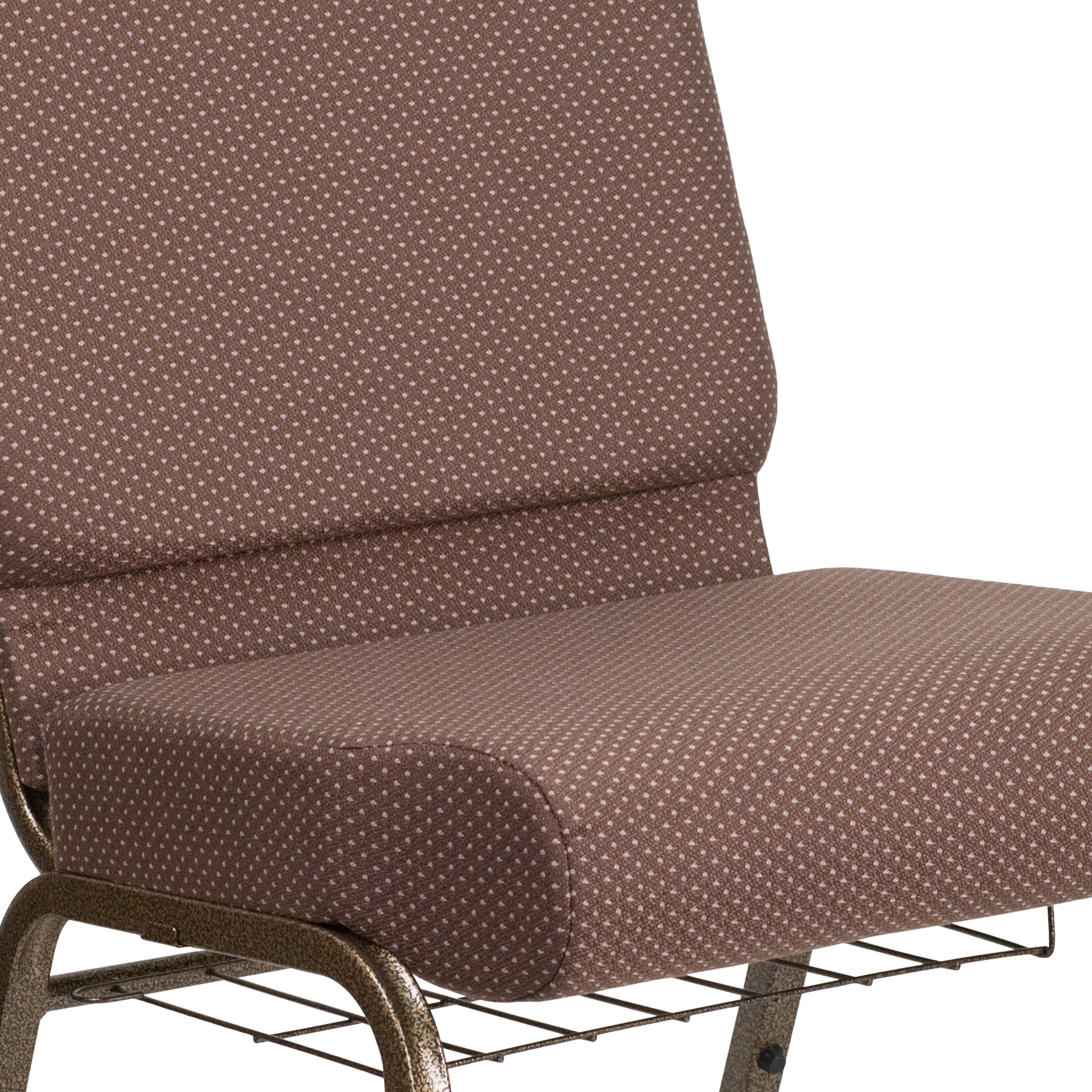 HERCULES Series 21''W Church Chair in Brown Dot Fabric with Book Rack - Gold Vein Frame