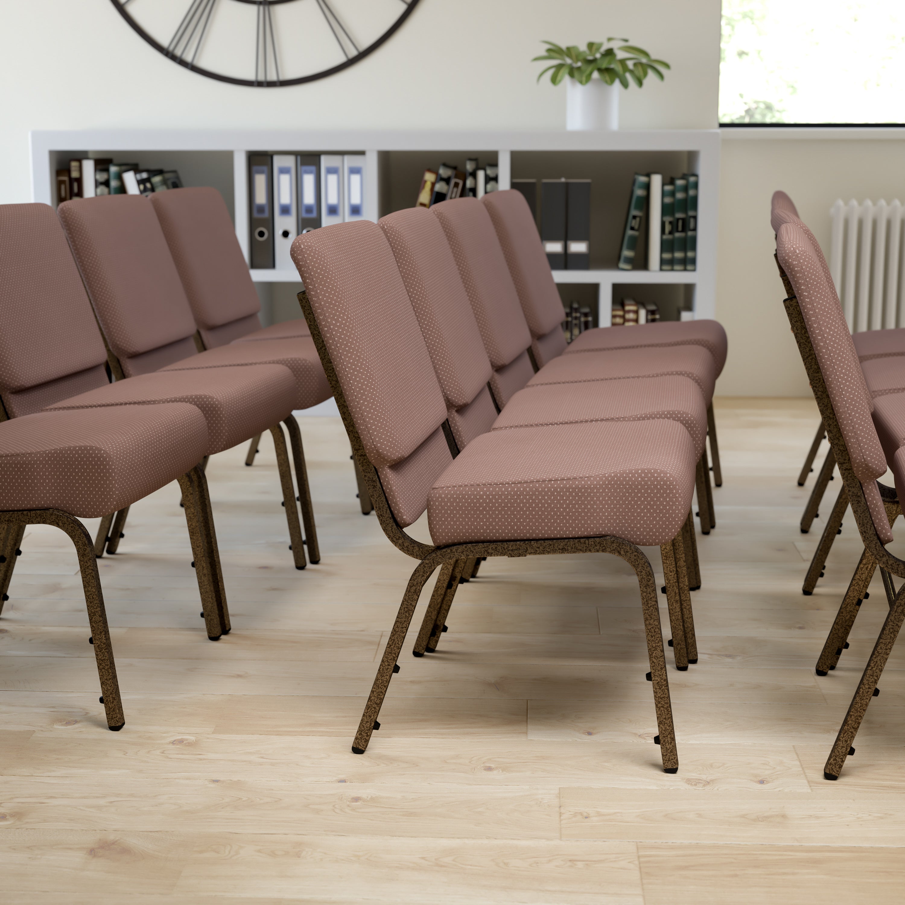 HERCULES Series 21''W Stacking Church Chair in Brown Dot Fabric - Gold Vein Frame