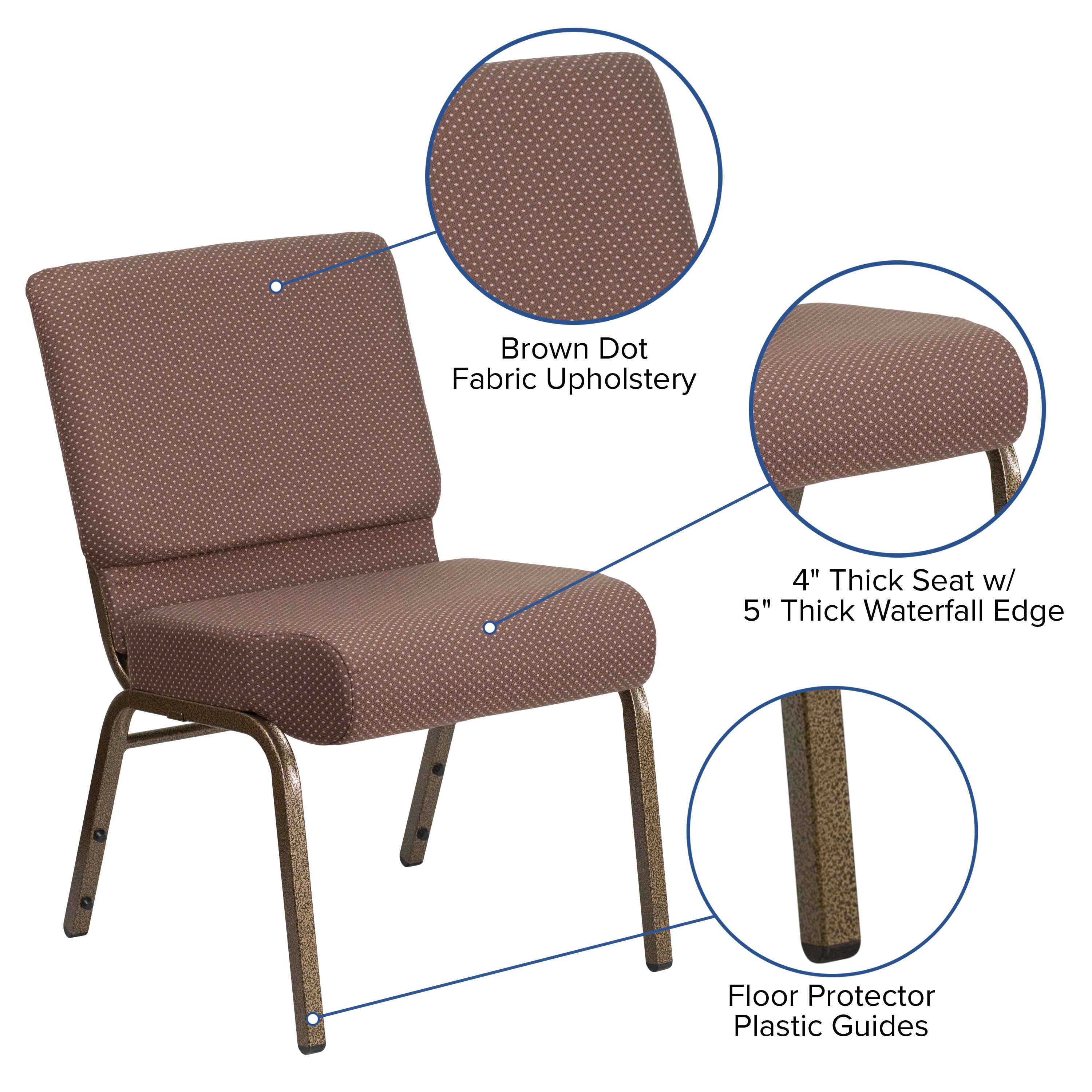 HERCULES Series 21''W Stacking Church Chair in Brown Dot Fabric - Gold Vein Frame