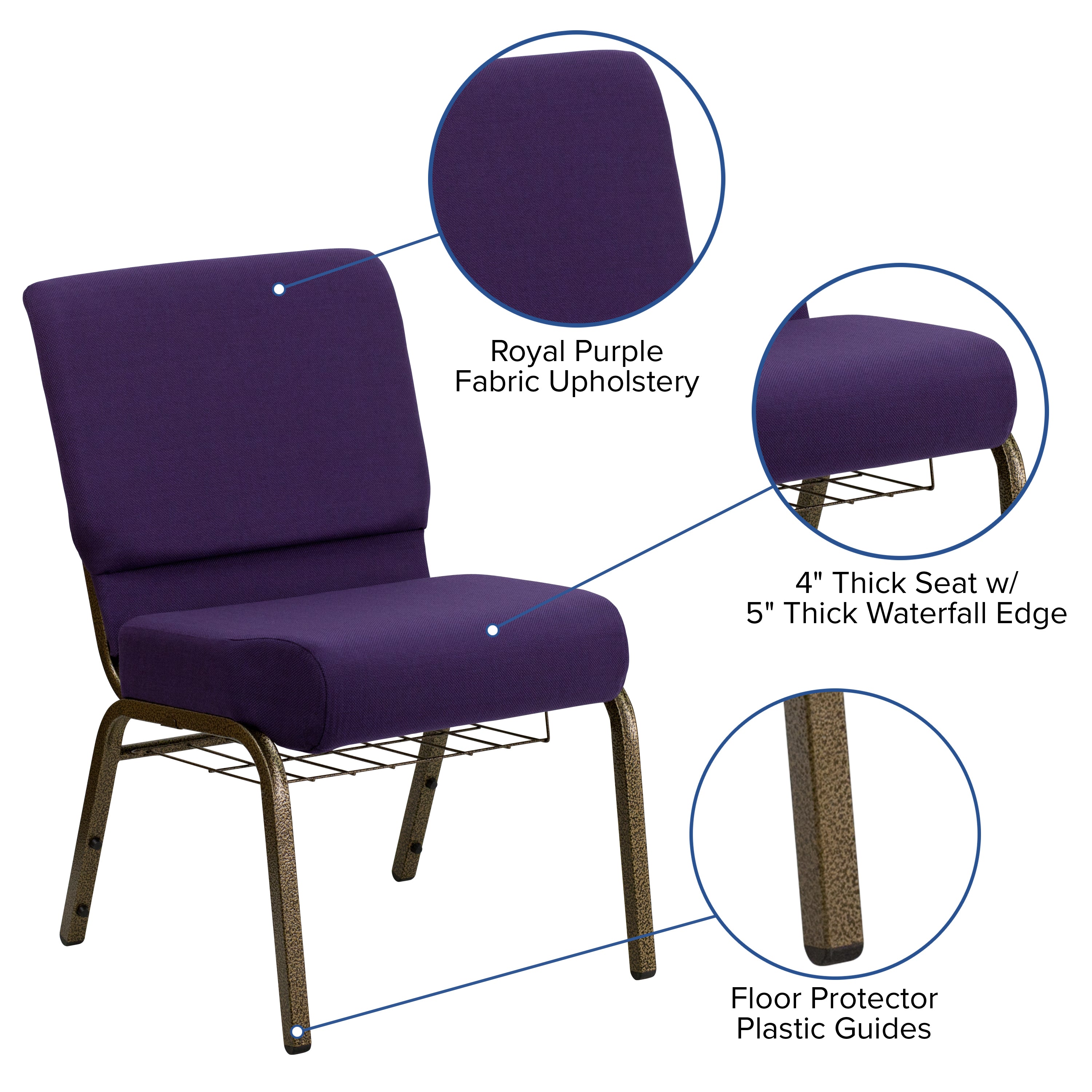 HERCULES Series 21''W Church Chair in Royal Purple Fabric with Cup Book Rack - Gold Vein Frame