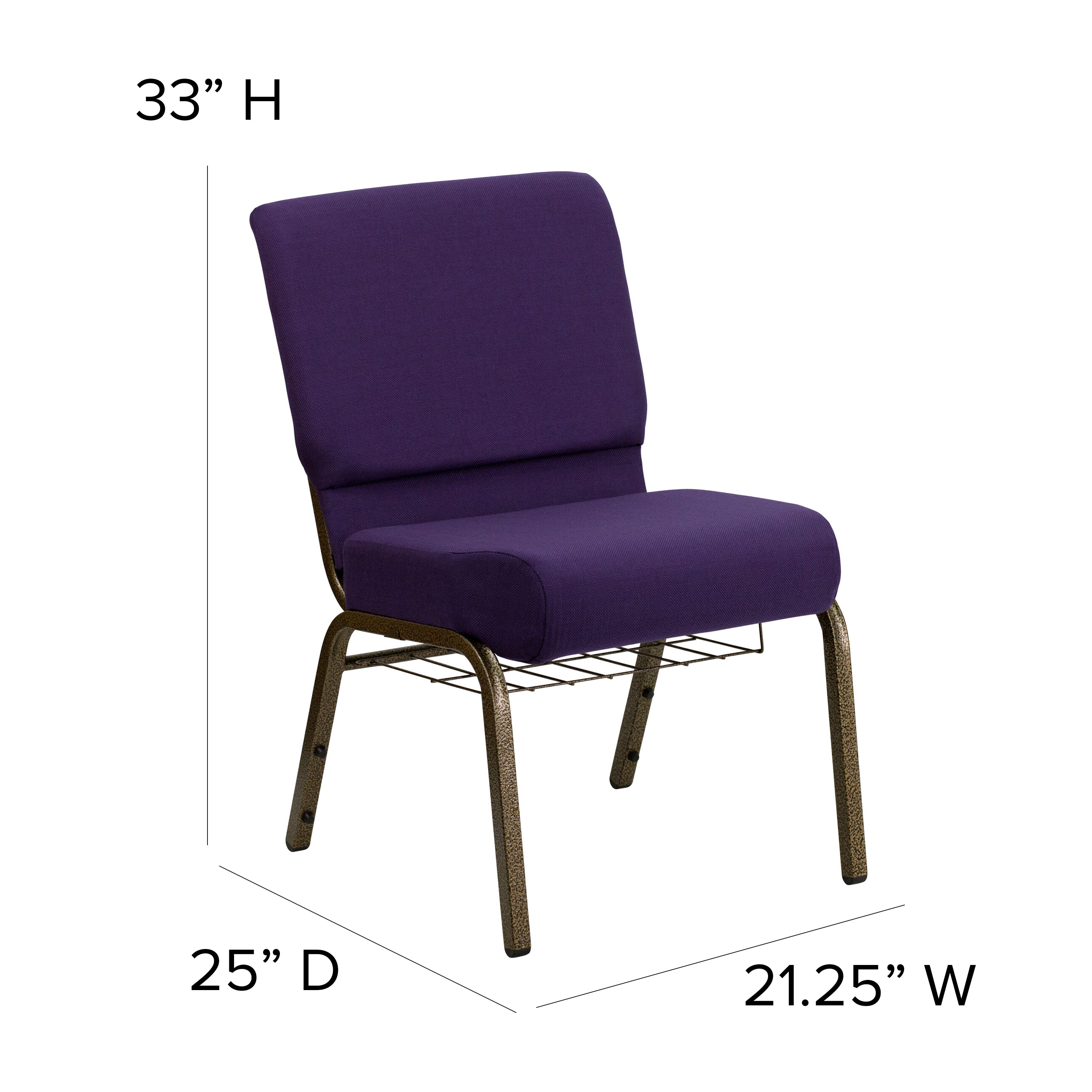 HERCULES Series 21''W Church Chair in Royal Purple Fabric with Cup Book Rack - Gold Vein Frame