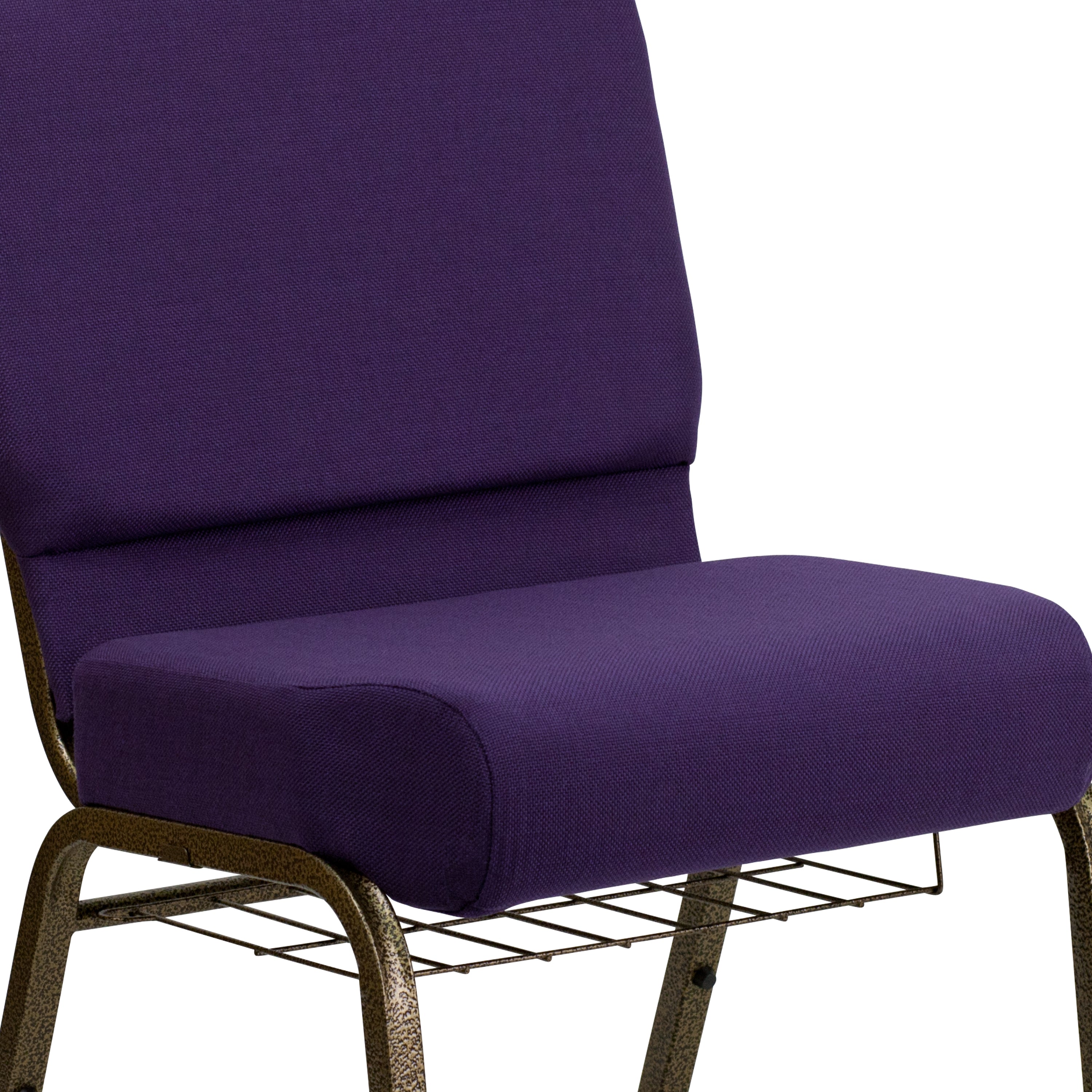 HERCULES Series 21''W Church Chair in Royal Purple Fabric with Cup Book Rack - Gold Vein Frame