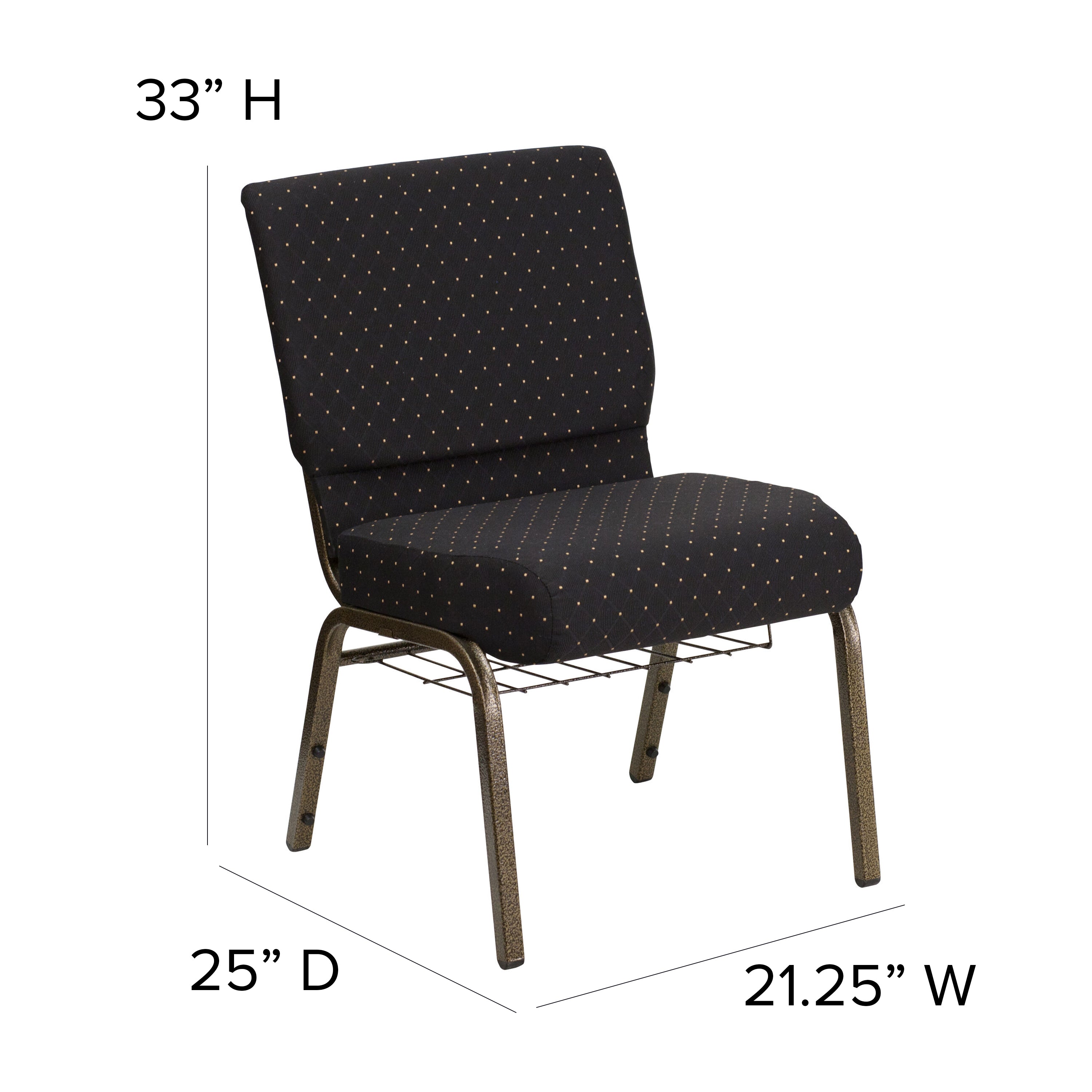 HERCULES Series 21''W Church Chair in Black Dot Patterned Fabric with Cup Book Rack - Gold Vein Frame