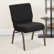 HERCULES Series 21''W Church Chair in Black Dot Patterned Fabric with Cup Book Rack - Gold Vein Frame