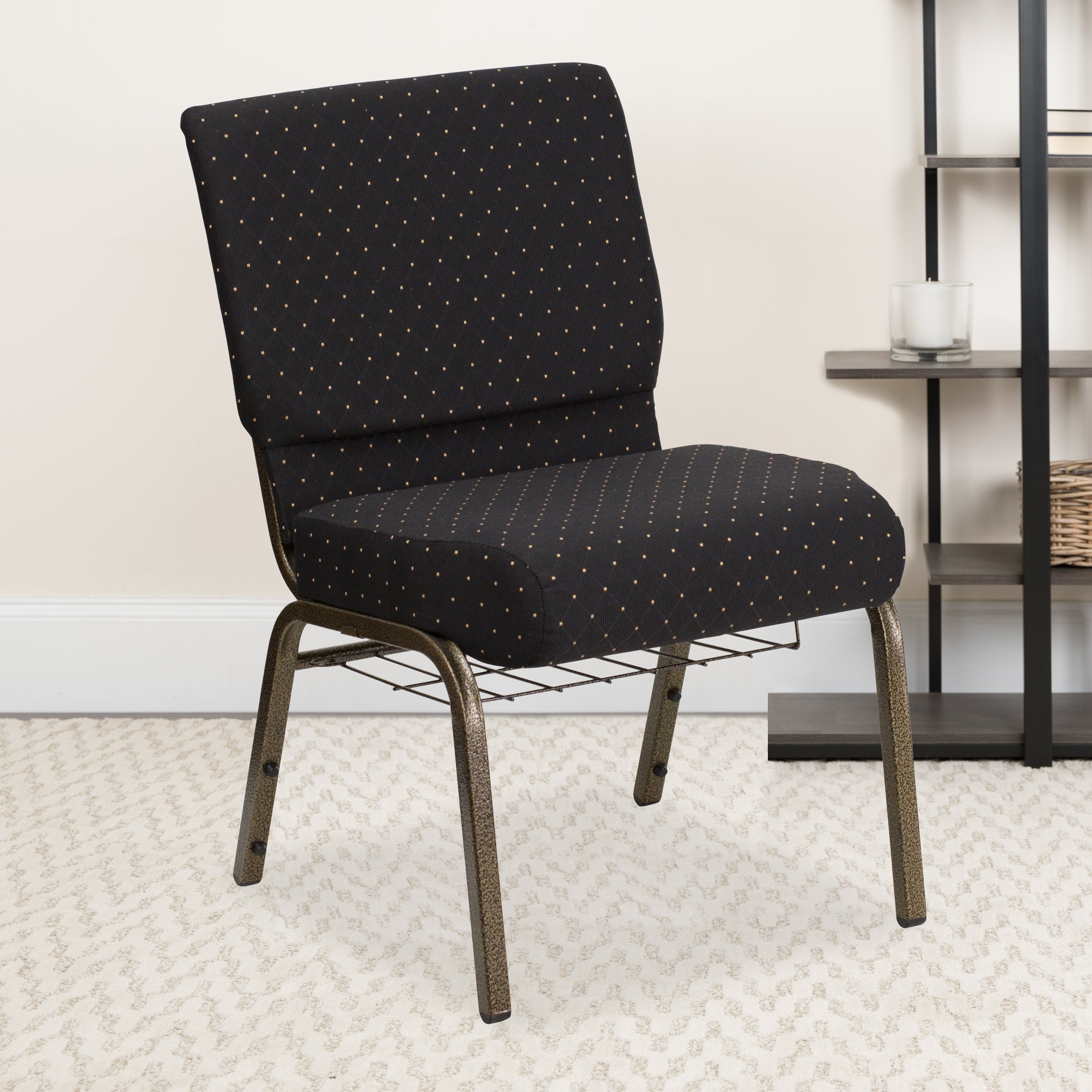 HERCULES Series 21''W Church Chair in Black Dot Patterned Fabric with Cup Book Rack - Gold Vein Frame