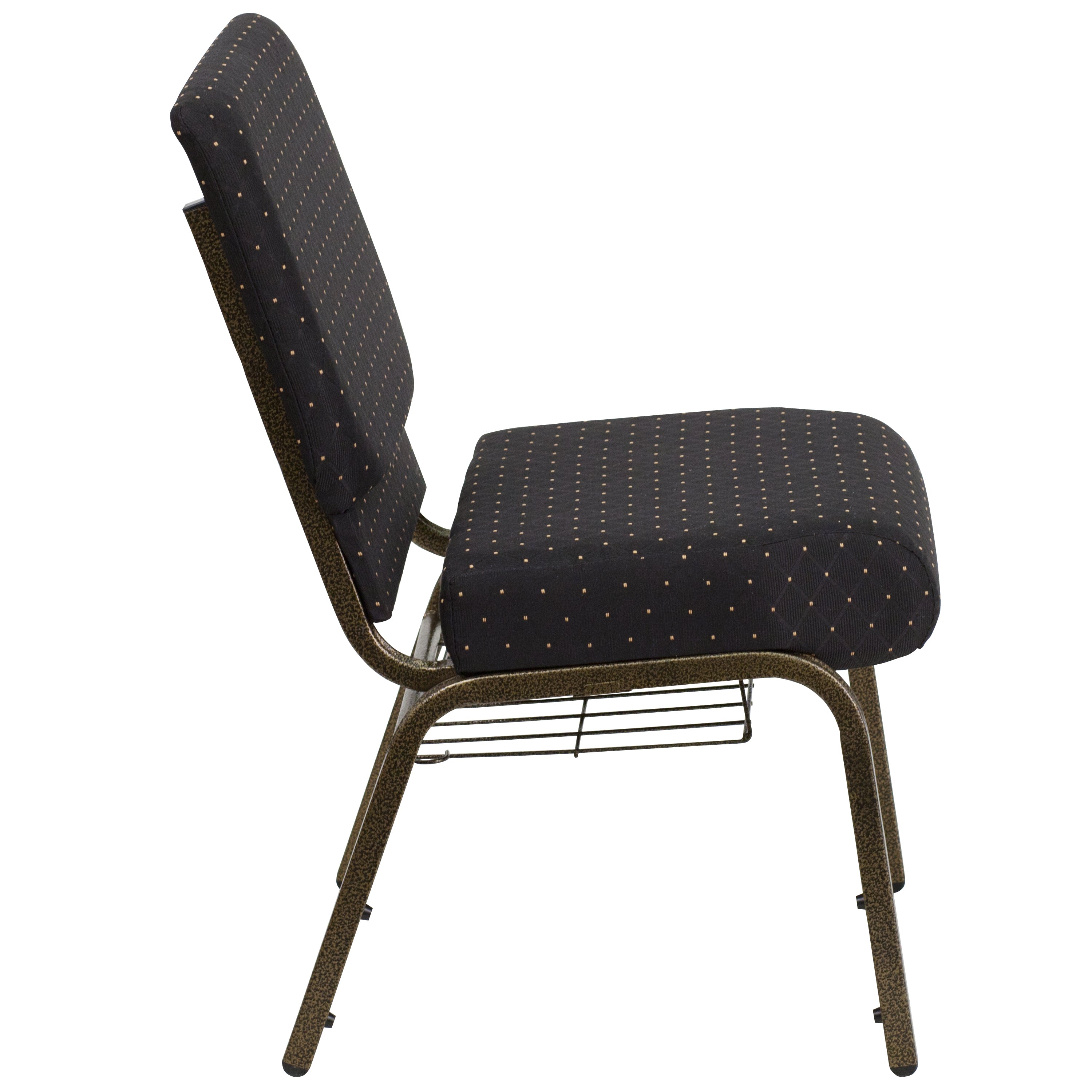 HERCULES Series 21''W Church Chair in Black Dot Patterned Fabric with Cup Book Rack - Gold Vein Frame